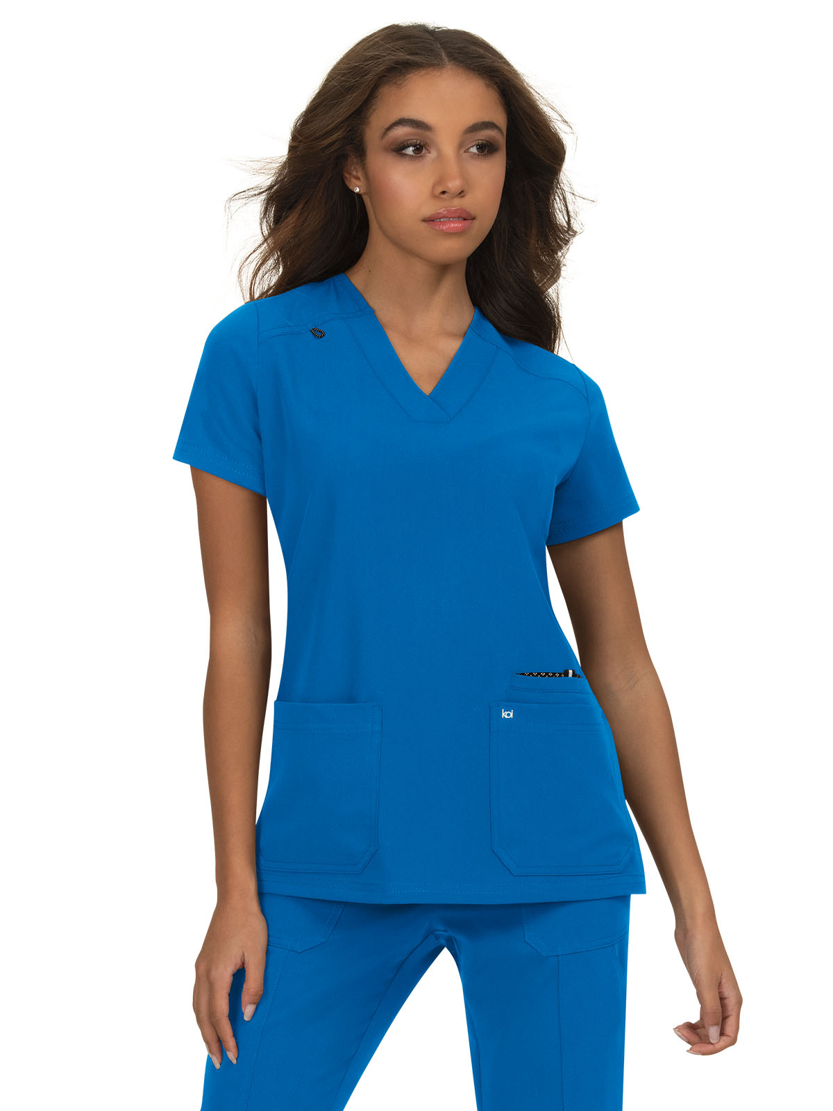 koi - Next Gen - Women's Three-Pocket Wide V-Neck Stretch Hustle and Heart Top 49