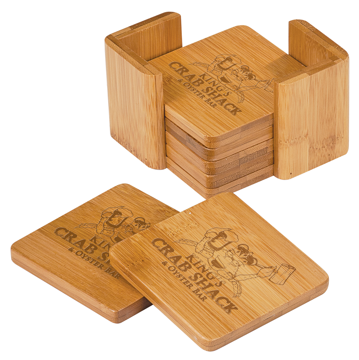 3 3/4" x 3 3/4" Bamboo Square 6-Coaster Set with Holder 2