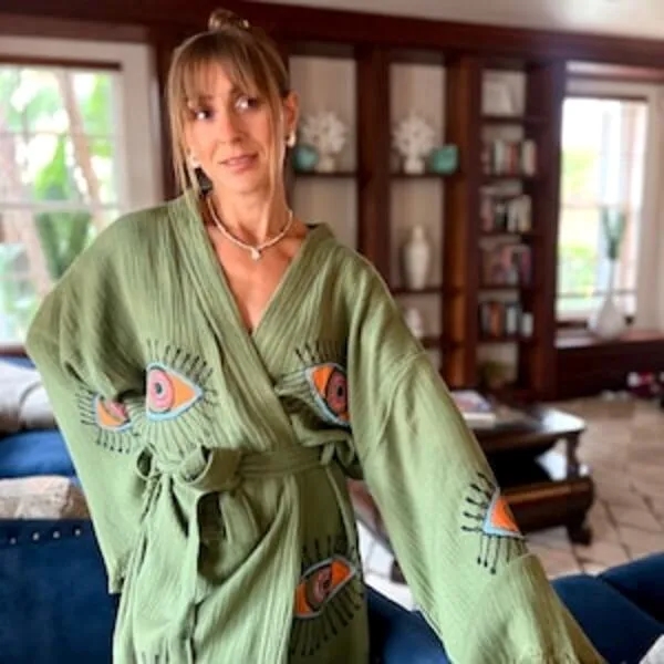 Organic Cotton Boho Spa Robe with Evil Eye Detail 2