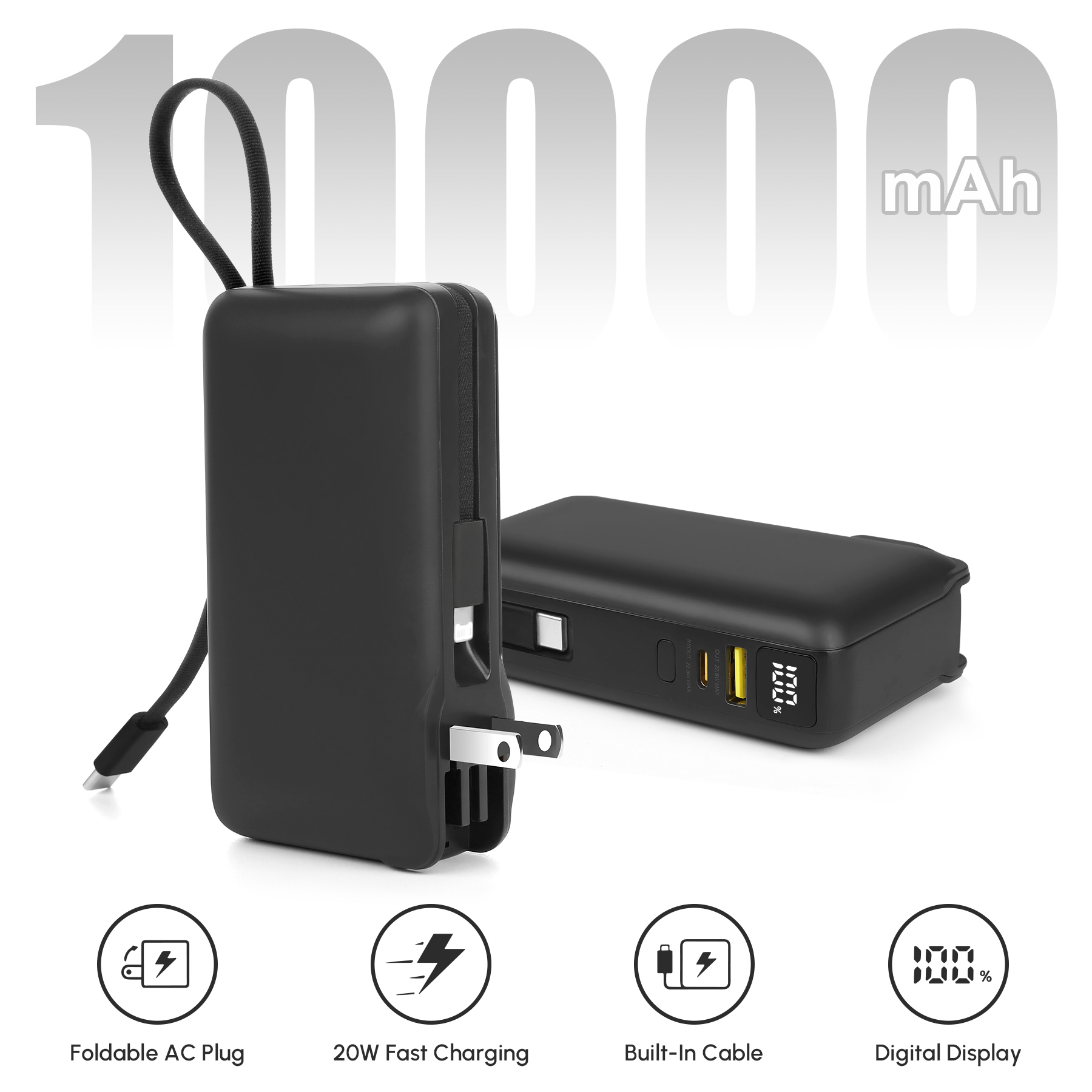 10000mAh 20W PD Power Bank With AC Plug & Built-In Dual Cables 8