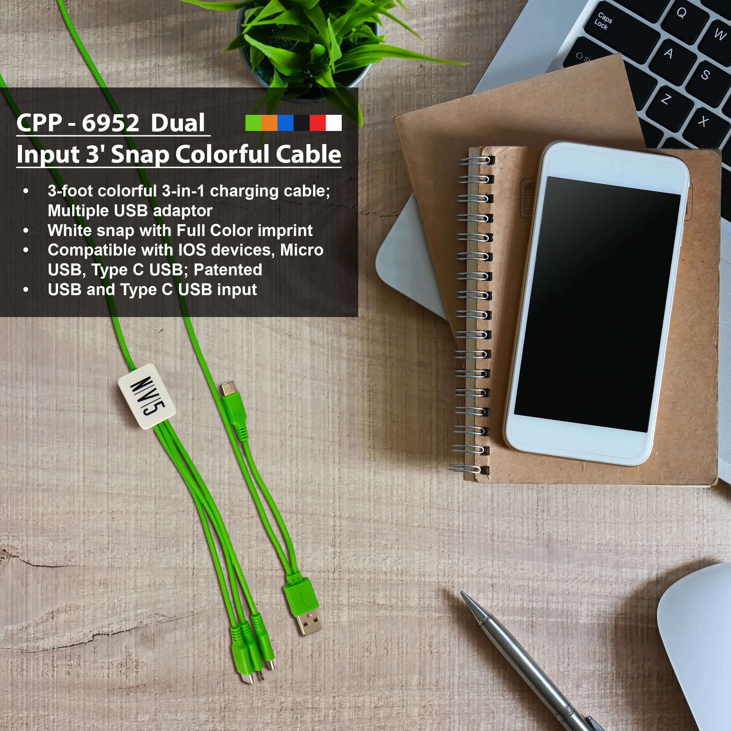 Dual Input 3' Snap Colorful Cable 24