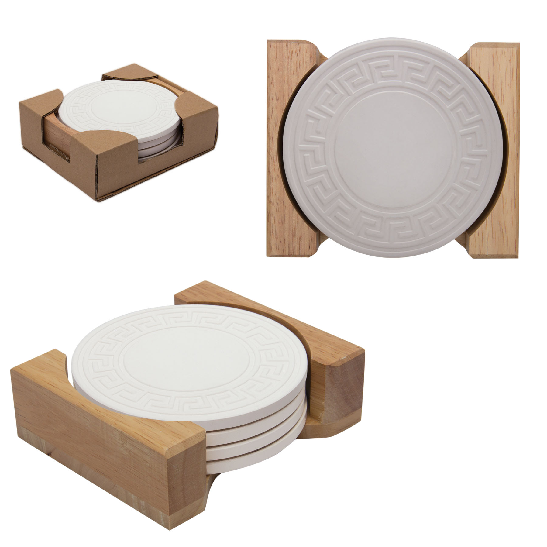 Round Greek Key Absorbent Stone Coaster Set 3