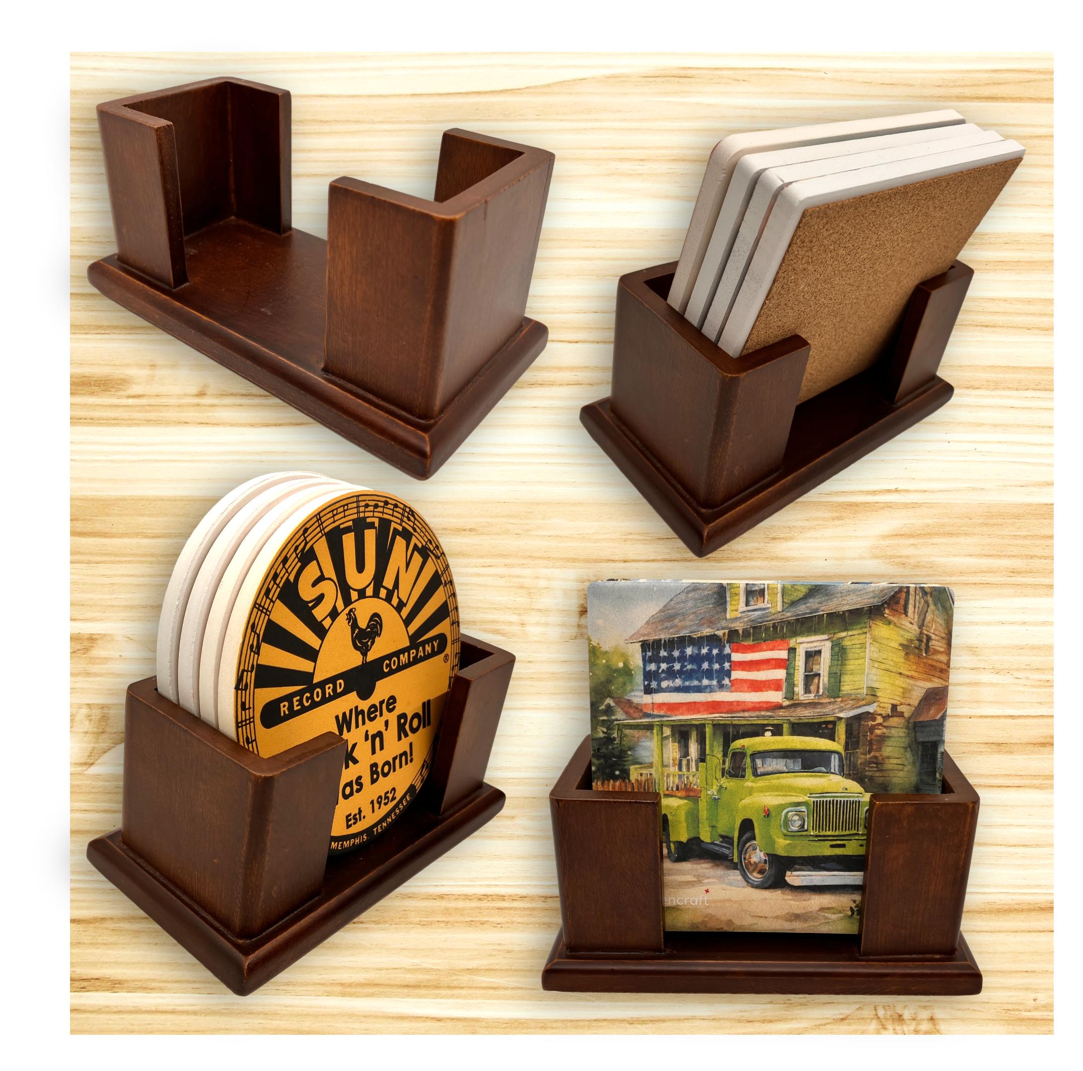 Upright Walnut Finish 4 Coaster Holder Sets 6