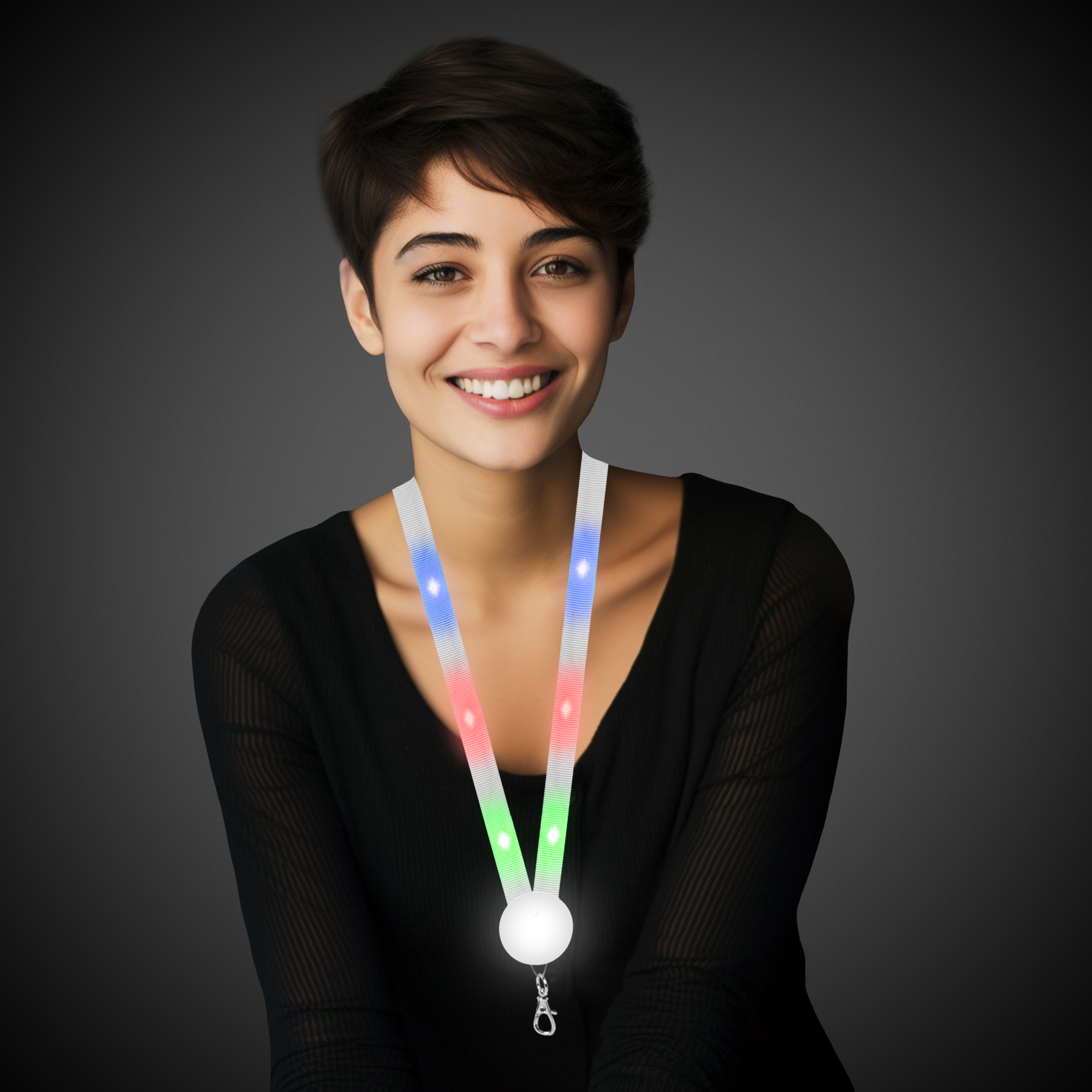 32" Light Up Fabric Flat Lanyard with Badge Clip White 6