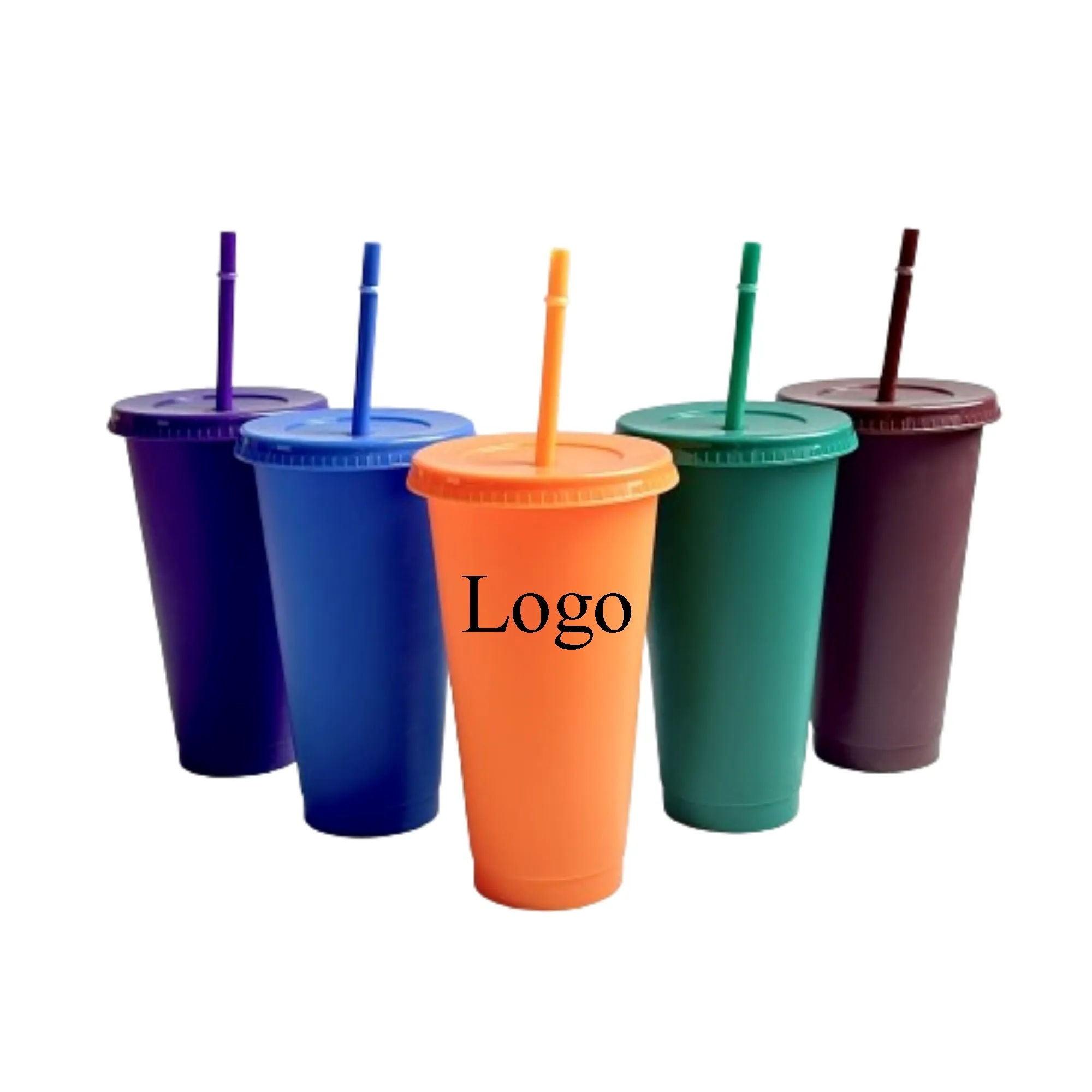24oz Reusable Plain Plastic Cups With Lids And Straws 5
