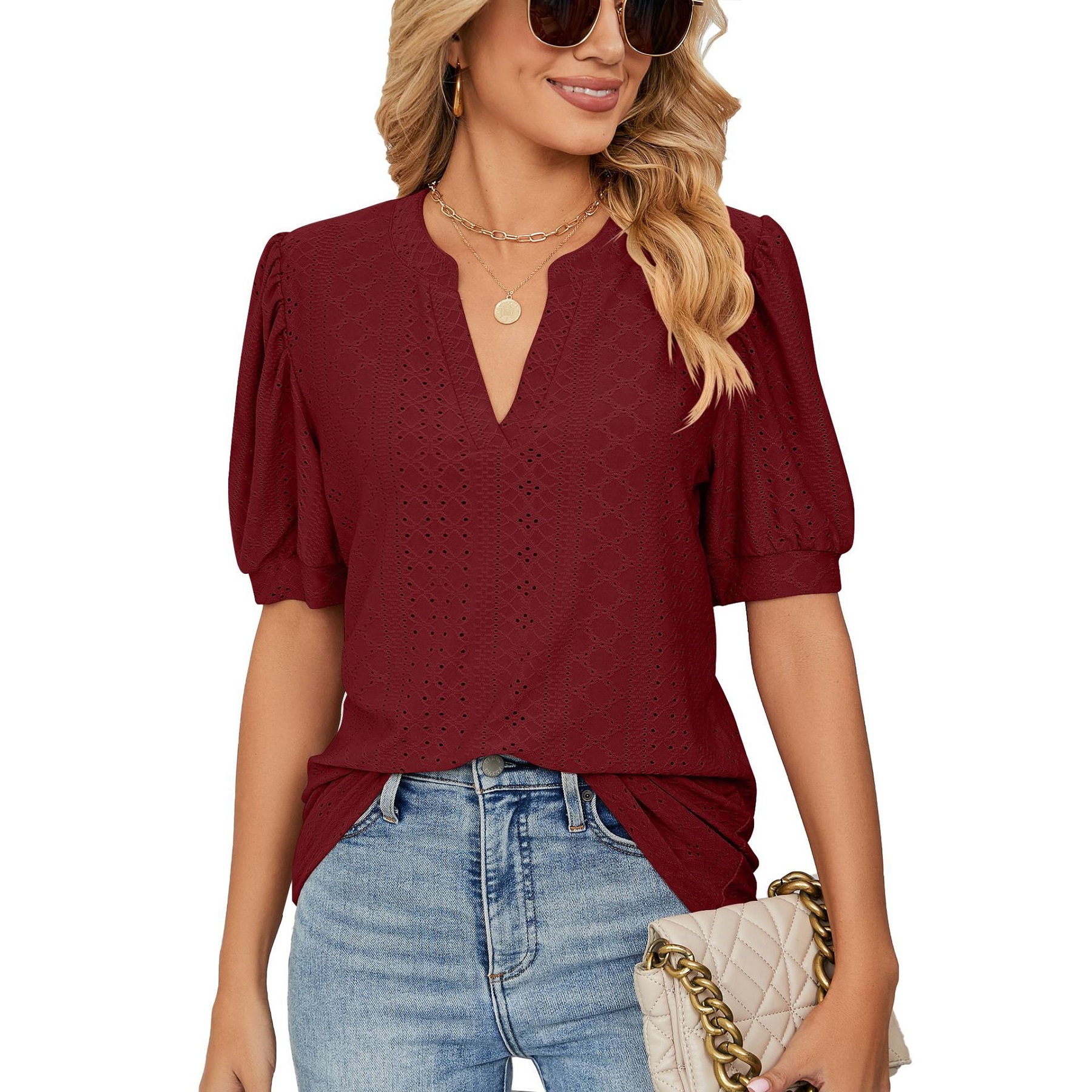 Women's Casual V Neck Solid Color Hollow Short Sleeve 14