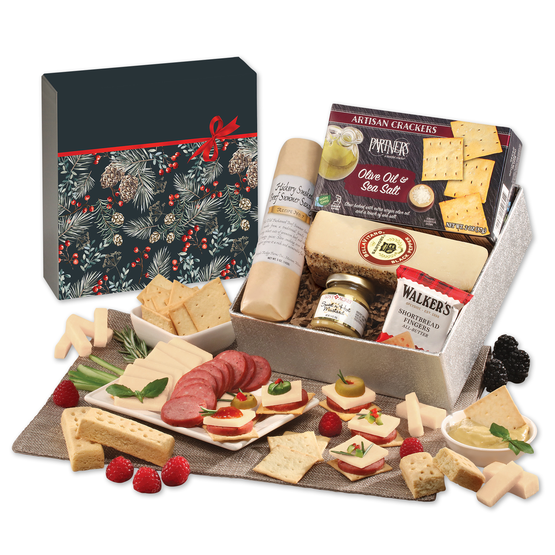 Snack Lover's Gift Box with Pine Boughs & Berries Sleeve 2