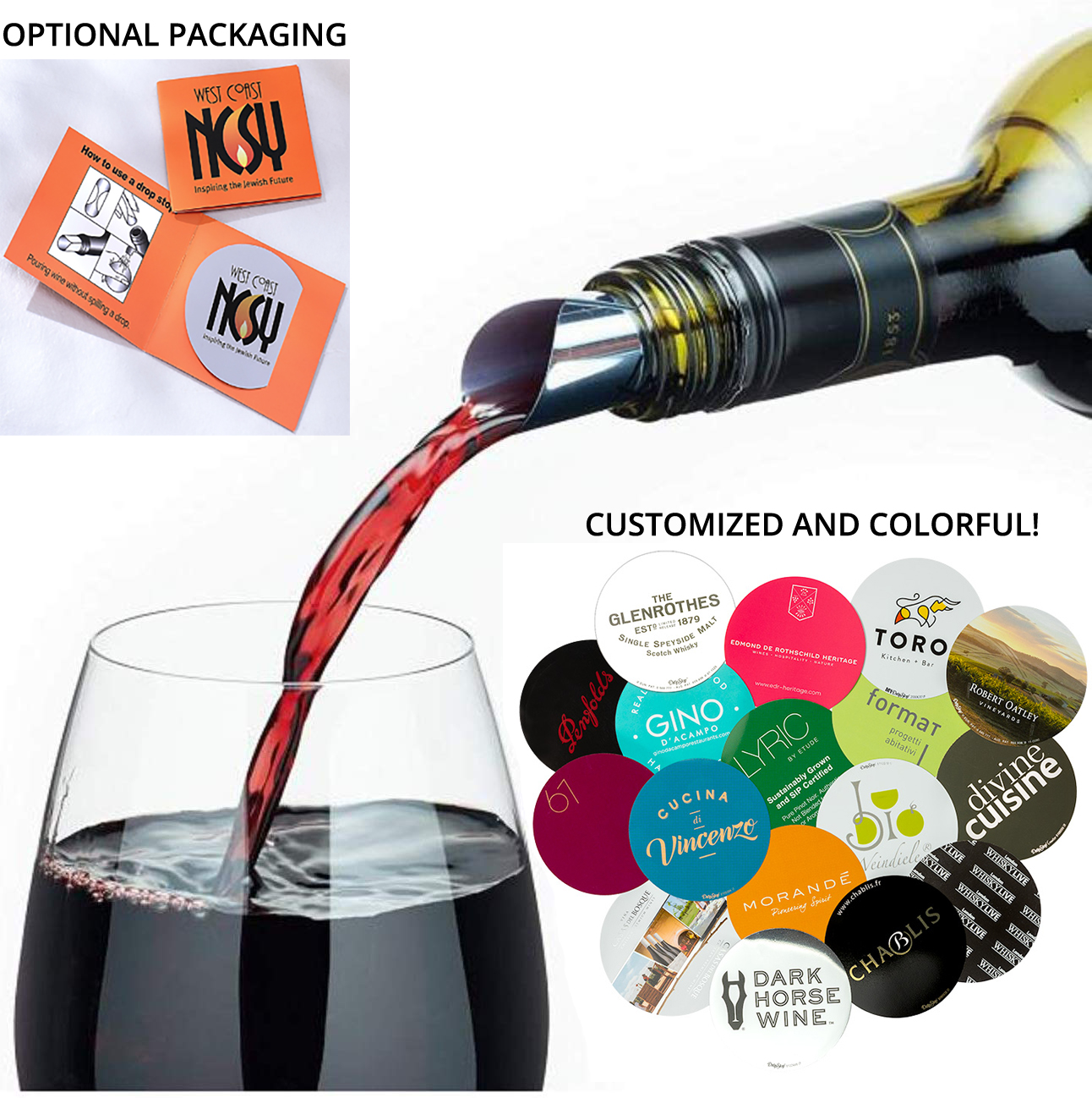 SipStop No-Drip Wine Pourer & 9-Pack Custom Coasters 2