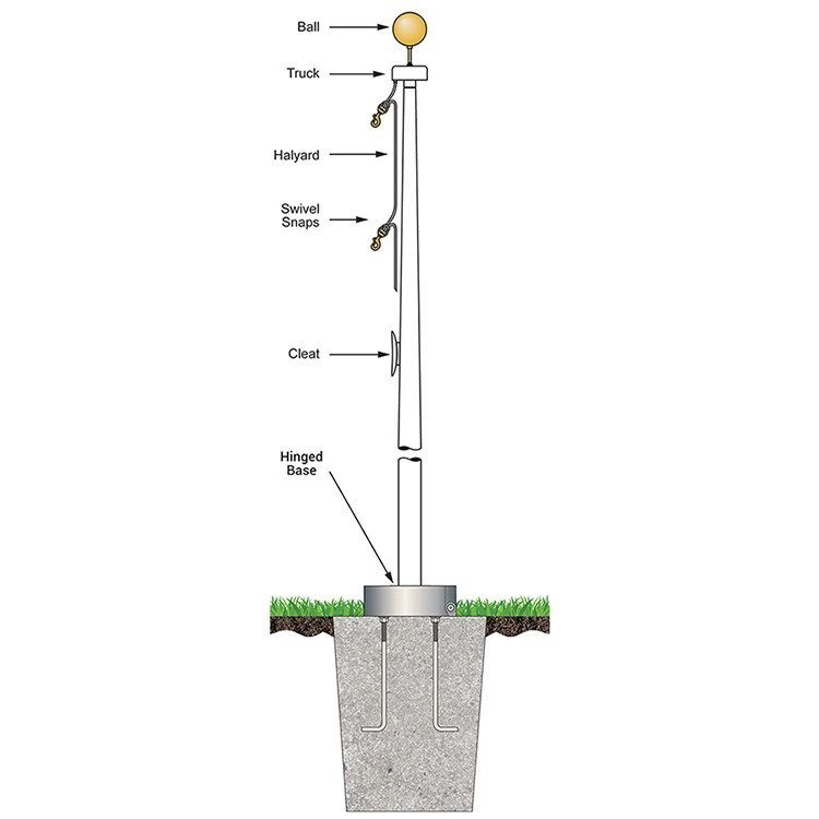 35' White Fiberglass Flagpole External Halyard - Hinged Base 1