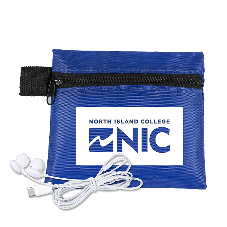 Mobile Tech Earbud Kit In Zipper Pouch Components inserted into Polyester Zipper Pouch 9