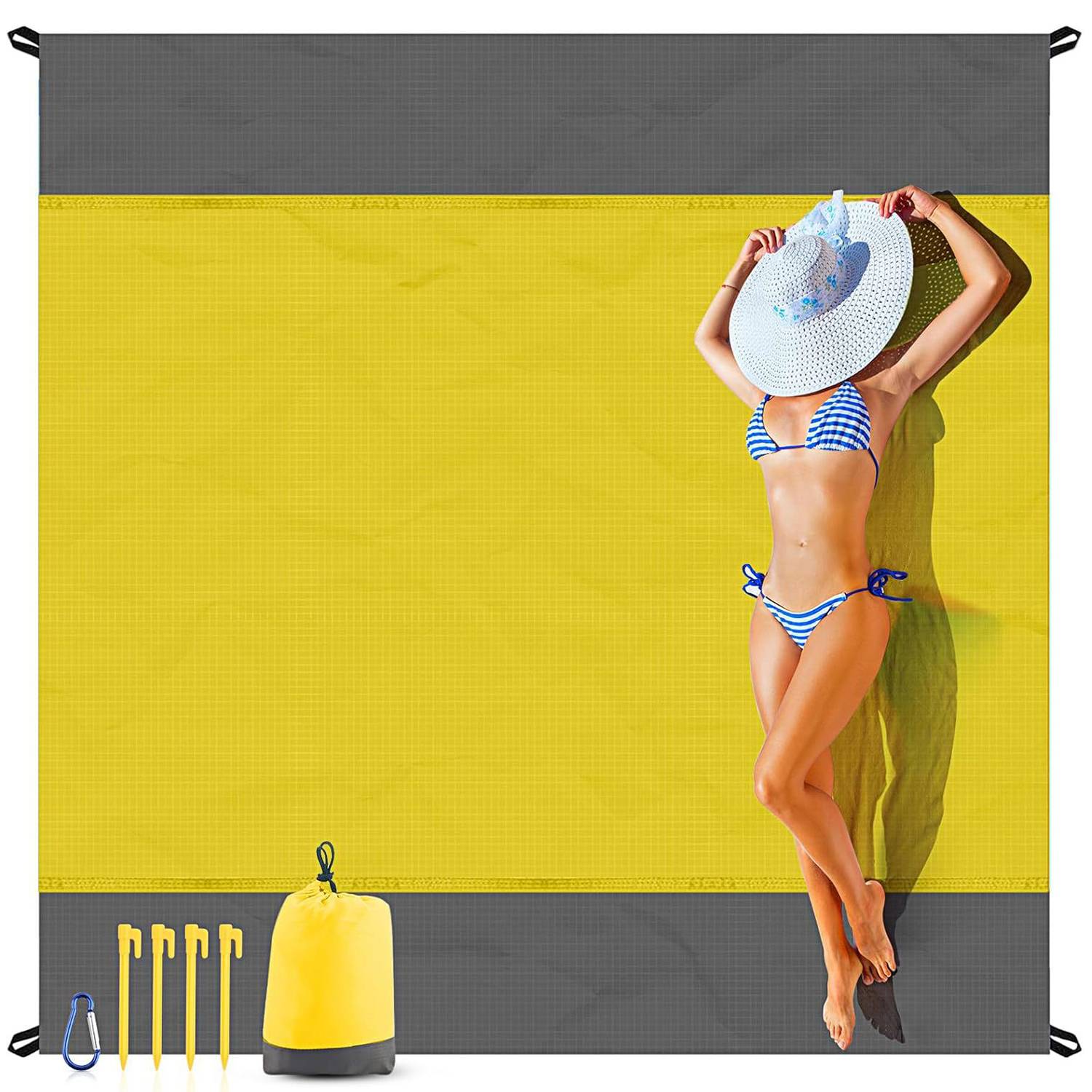 Foldable Waterproof Sandproof Beach Mat w/ 4 Stakes 3