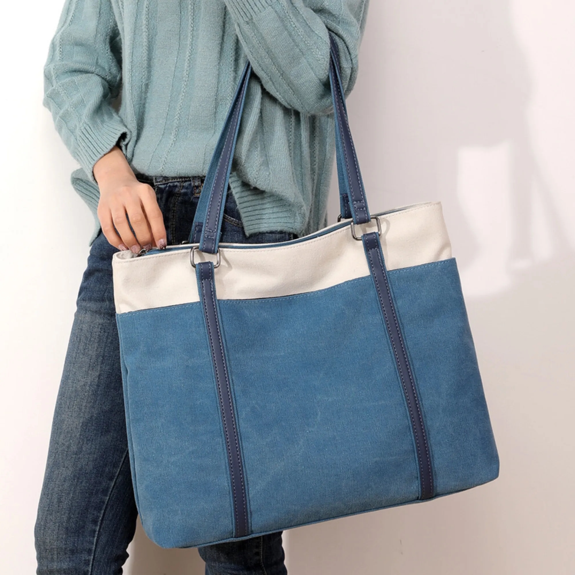 Large Capacity Multi Pocket Canvas Bag Free Shipping, custom tote bag with logo imprint 3