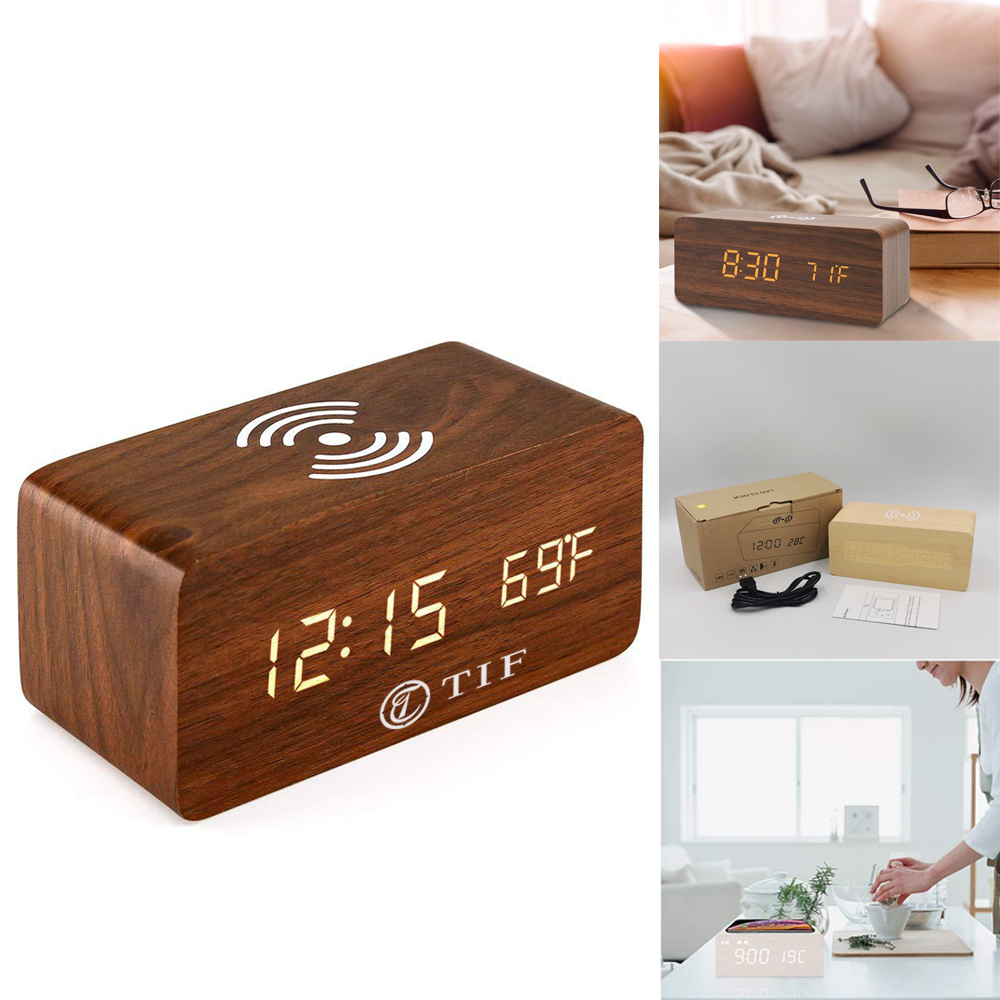 5W Wood Digital Clock w/ Wireless Charger 2