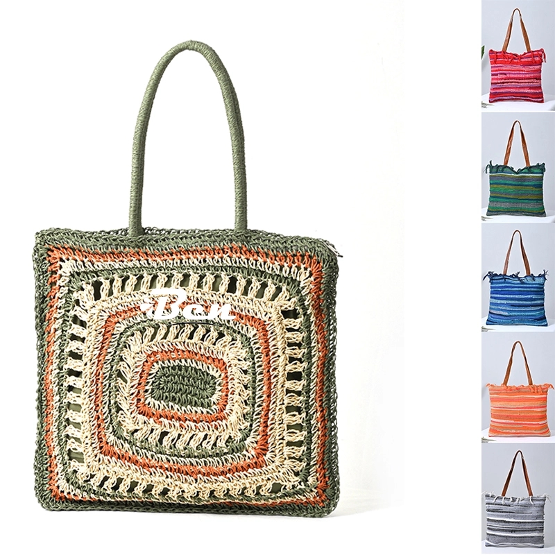 Square Natural Straw Bag Hand Woven Round Handle Handbags, custom tote bag with logo imprint 2