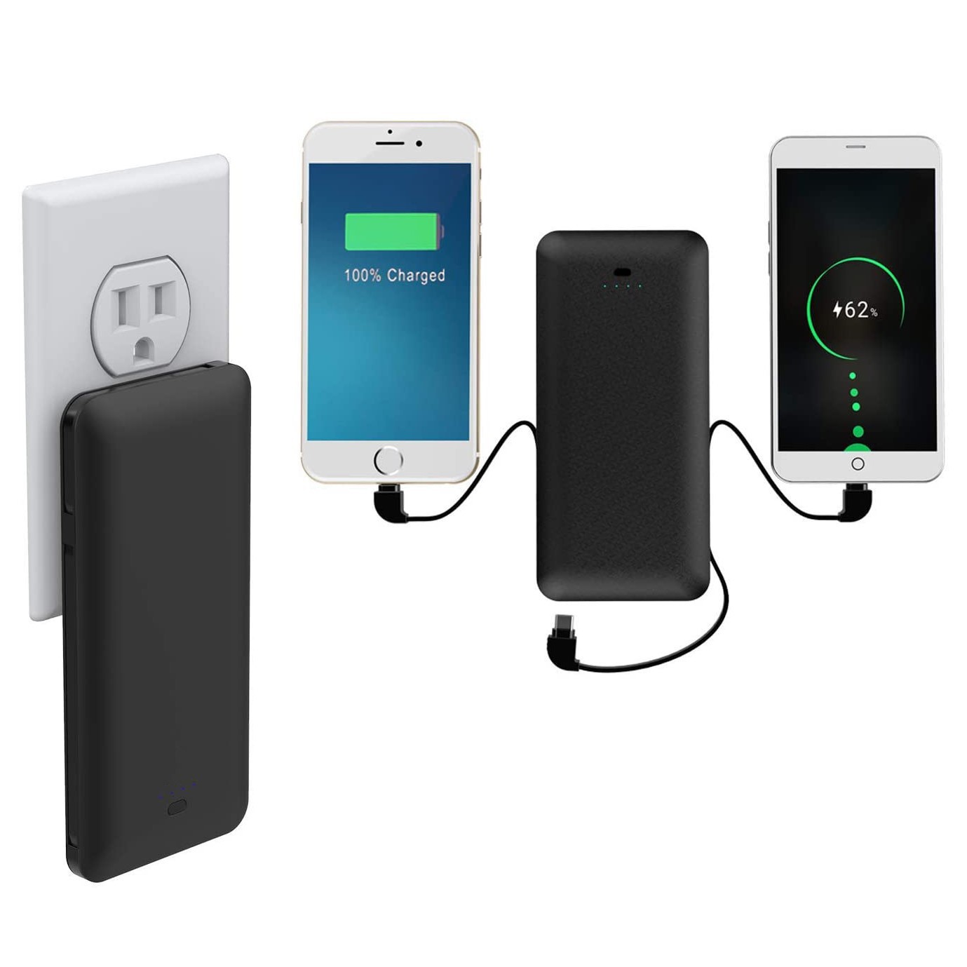10000 mAh power bank with built-in AC wall plug with Micro, USB, Type-C charging cables 2