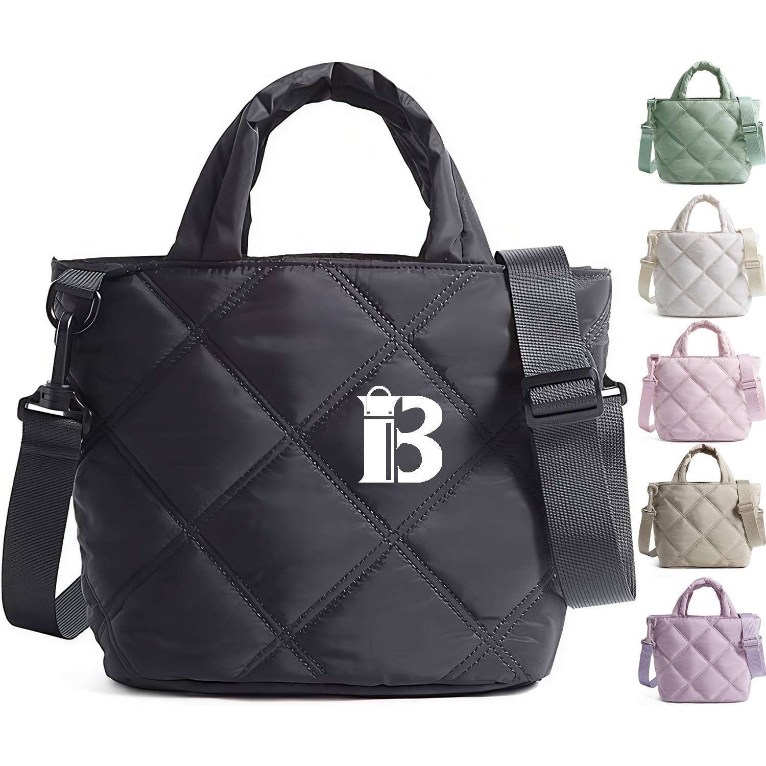 Nylon Puffer Quilted Crossbody Tote Bag w/ Handle 2