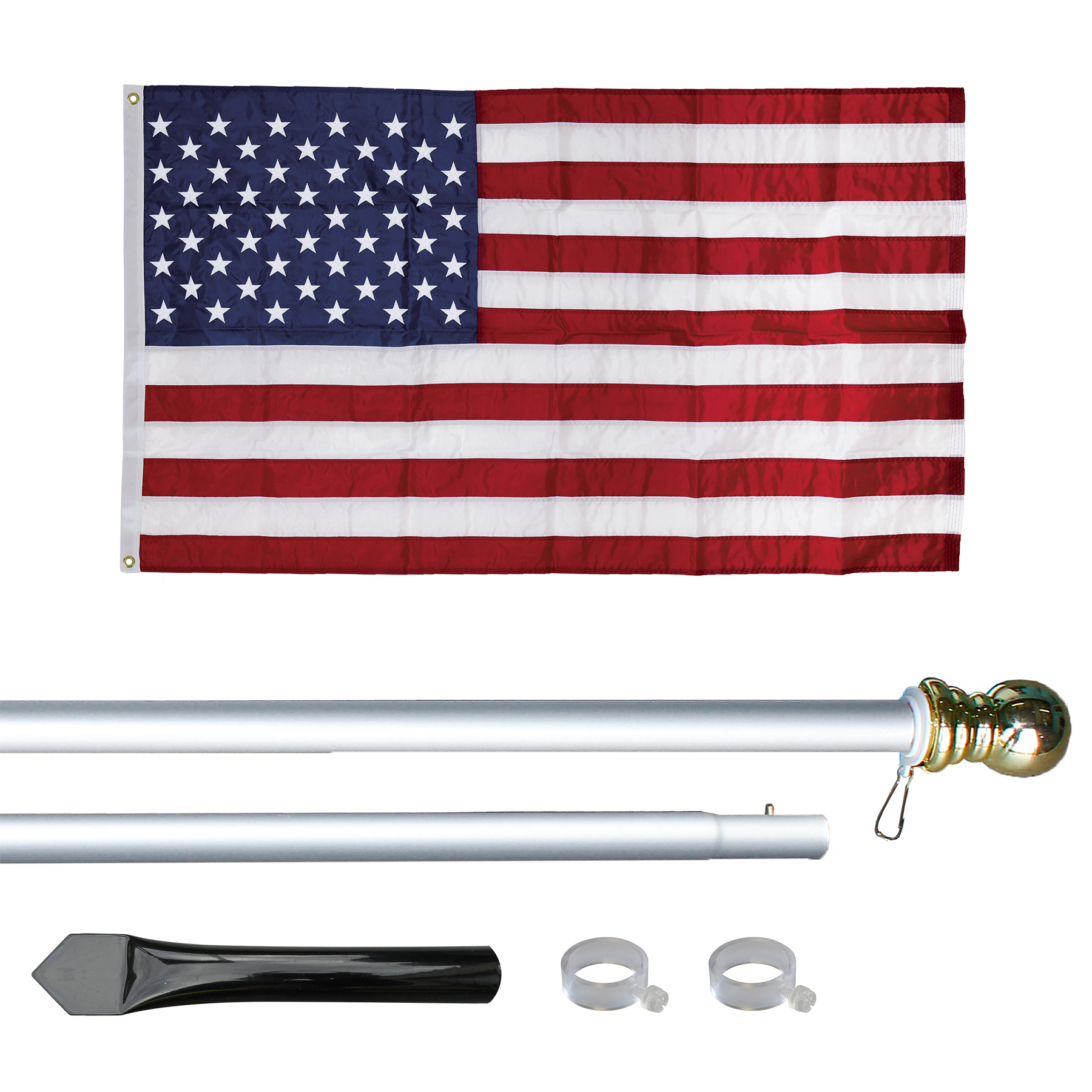 10' Silver Inground Economy Aluminum Display Pole w/ 3' x 5' Embroidered US Flag 1