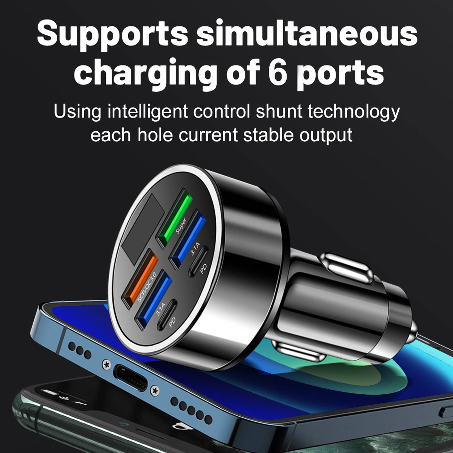 iPhone/Android/ipad Six-In-One Digital Display Car Charger 4