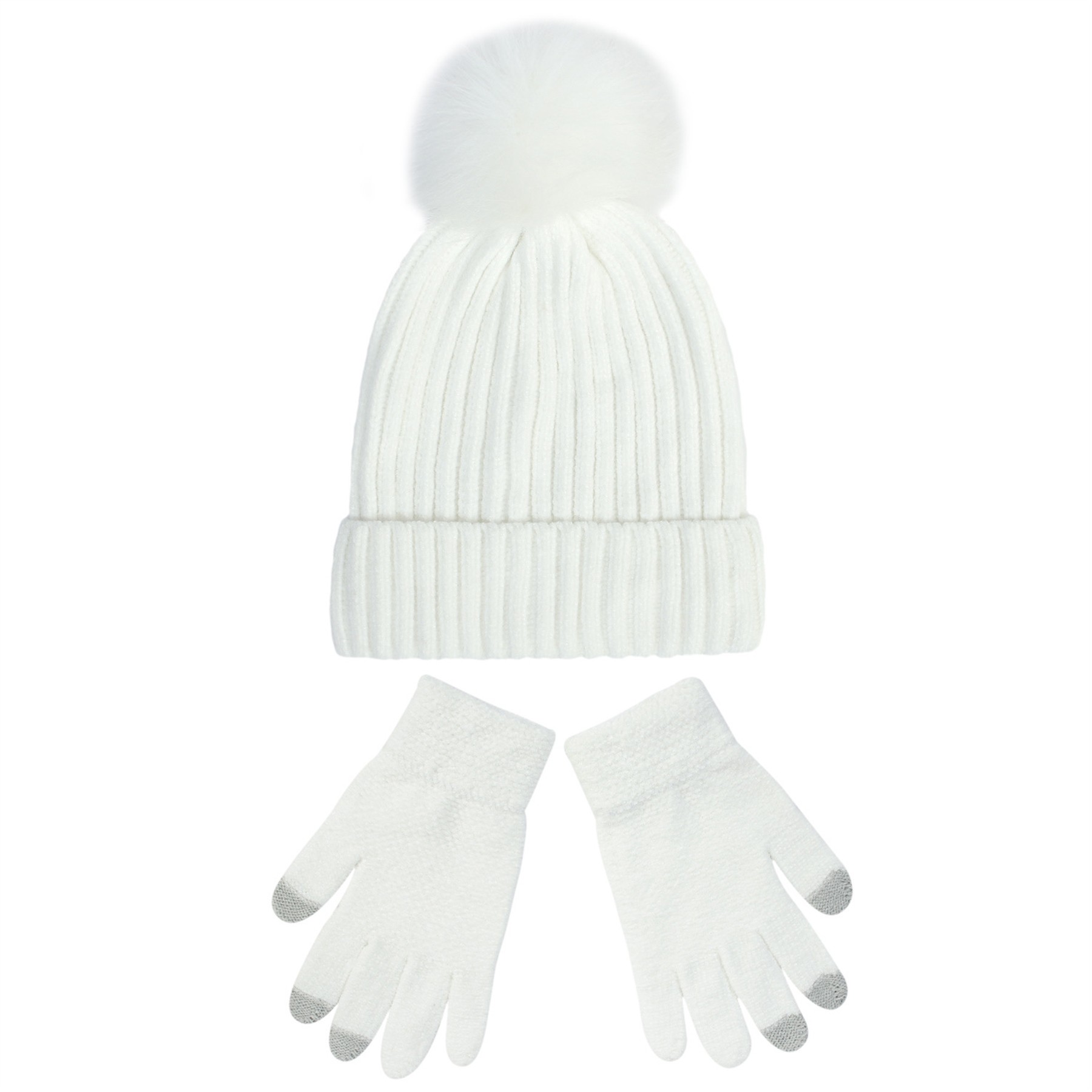 2PCS Chenille Pom Pom Beanie Gloves Set 4