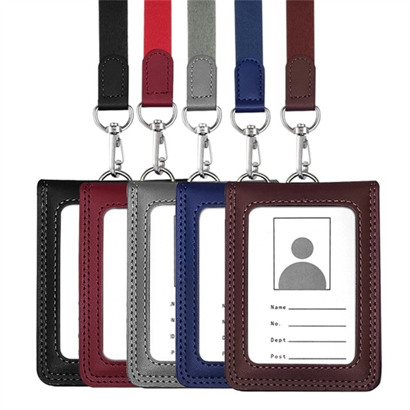 Genuine Leather ID Badge Holder Tag Foldable with Lanyard
