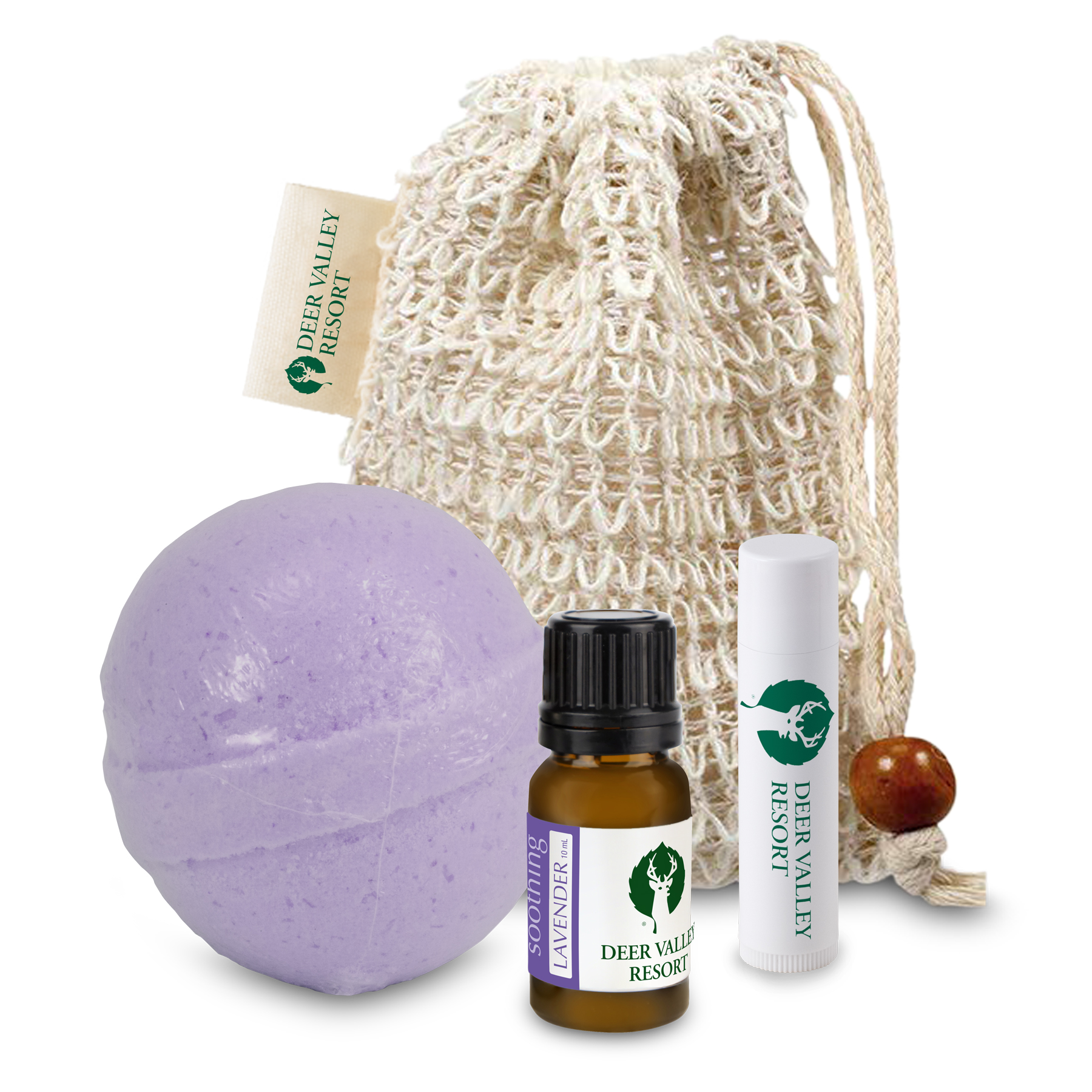 Loofah Bag with Bath Bomb, Essential Oil, and Lip Balm 1