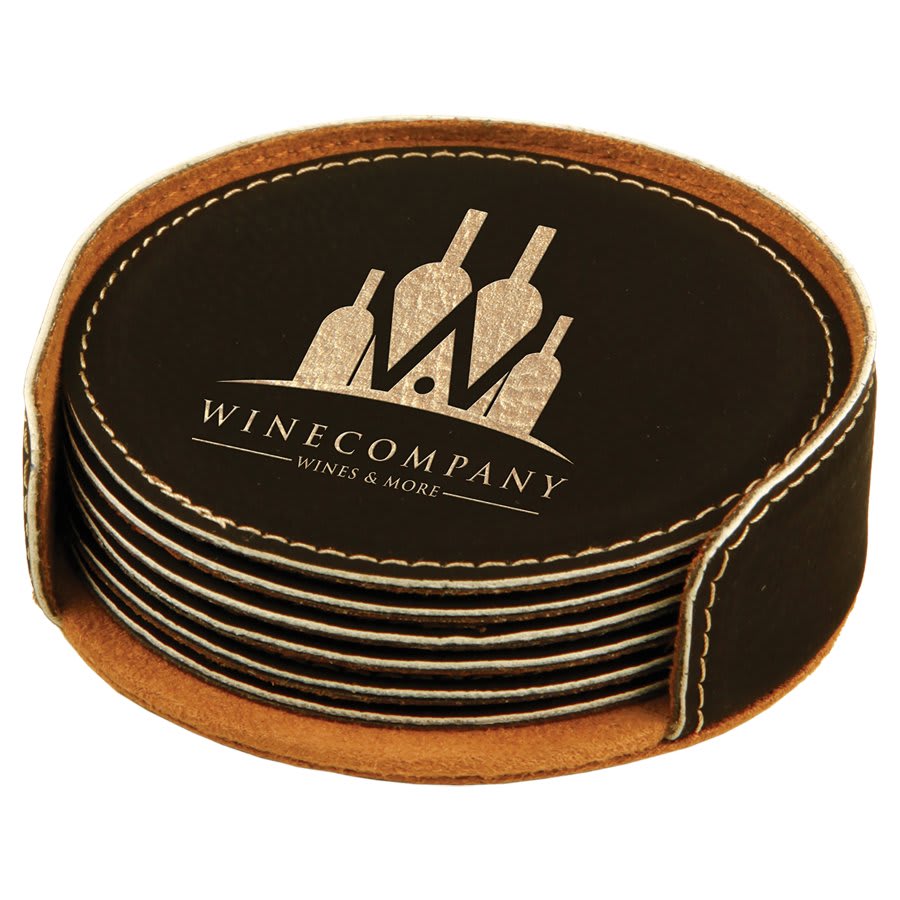 4" Laserable Leatherette Round 6-Coaster Set 11