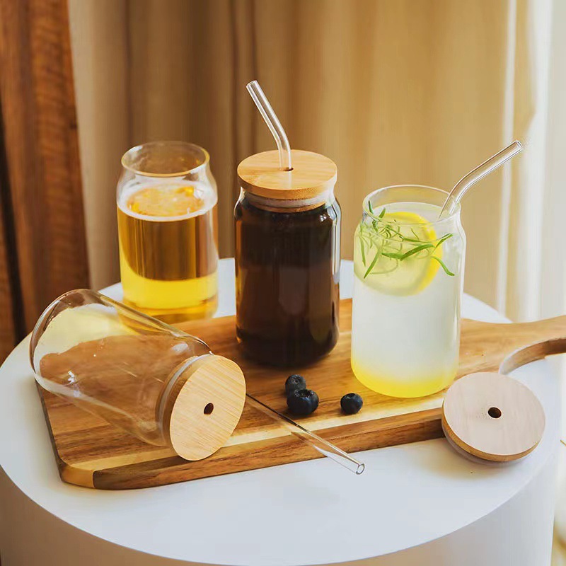 Drinking Glasses with Bamboo Lids and Straw 16oz 6