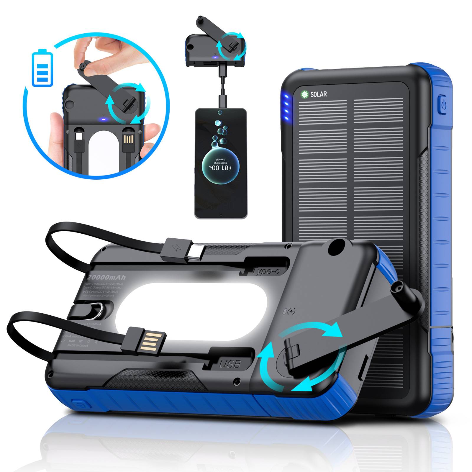 10000mAh Detachable Hand Crank Solar Charger 7
