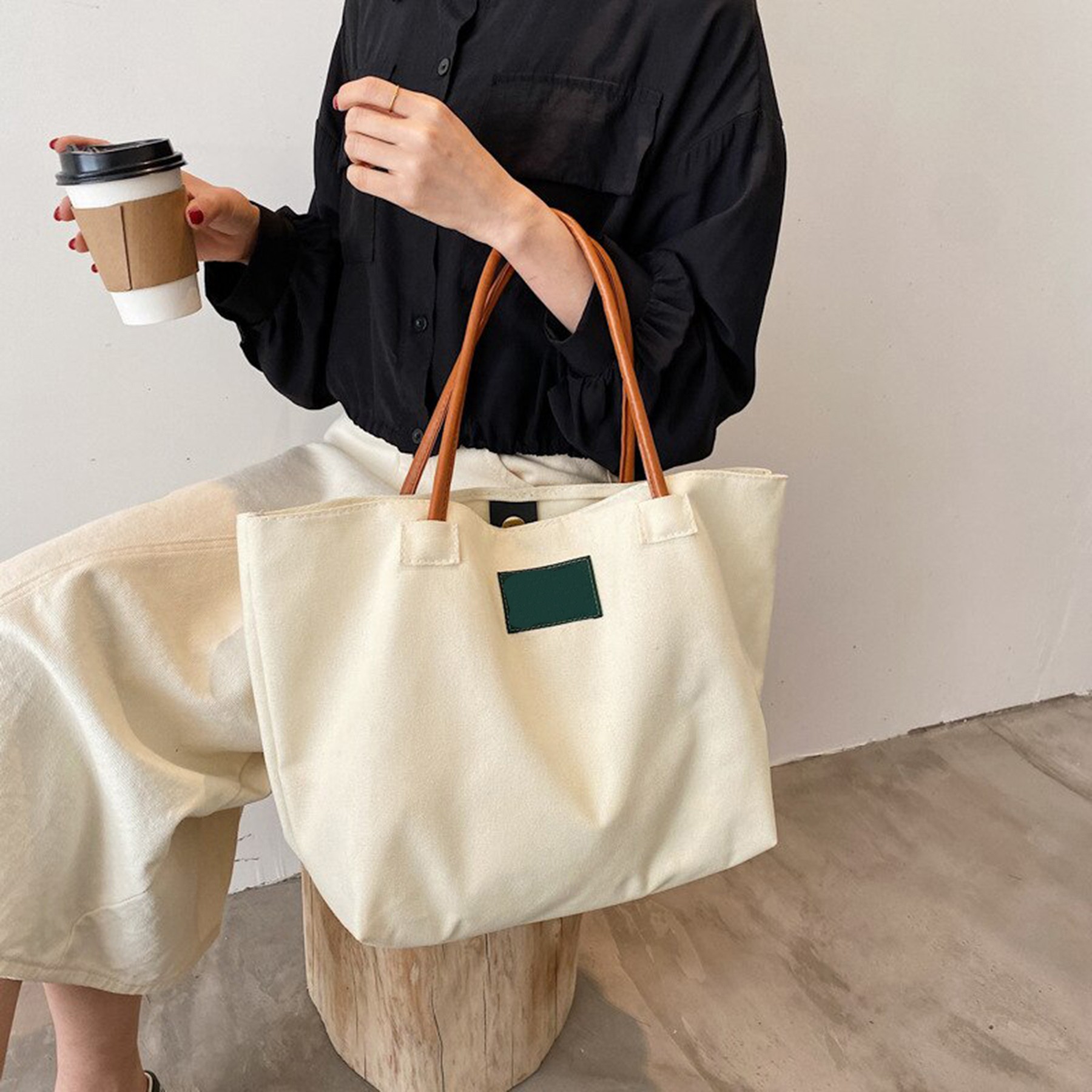 Women Canvas Tote Bag With Leather Handle 4