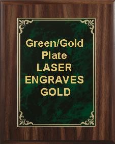 8" x 10" Classic Walnut Finish Plaque with a Green/Gold Aluminum High Relief Plate 2