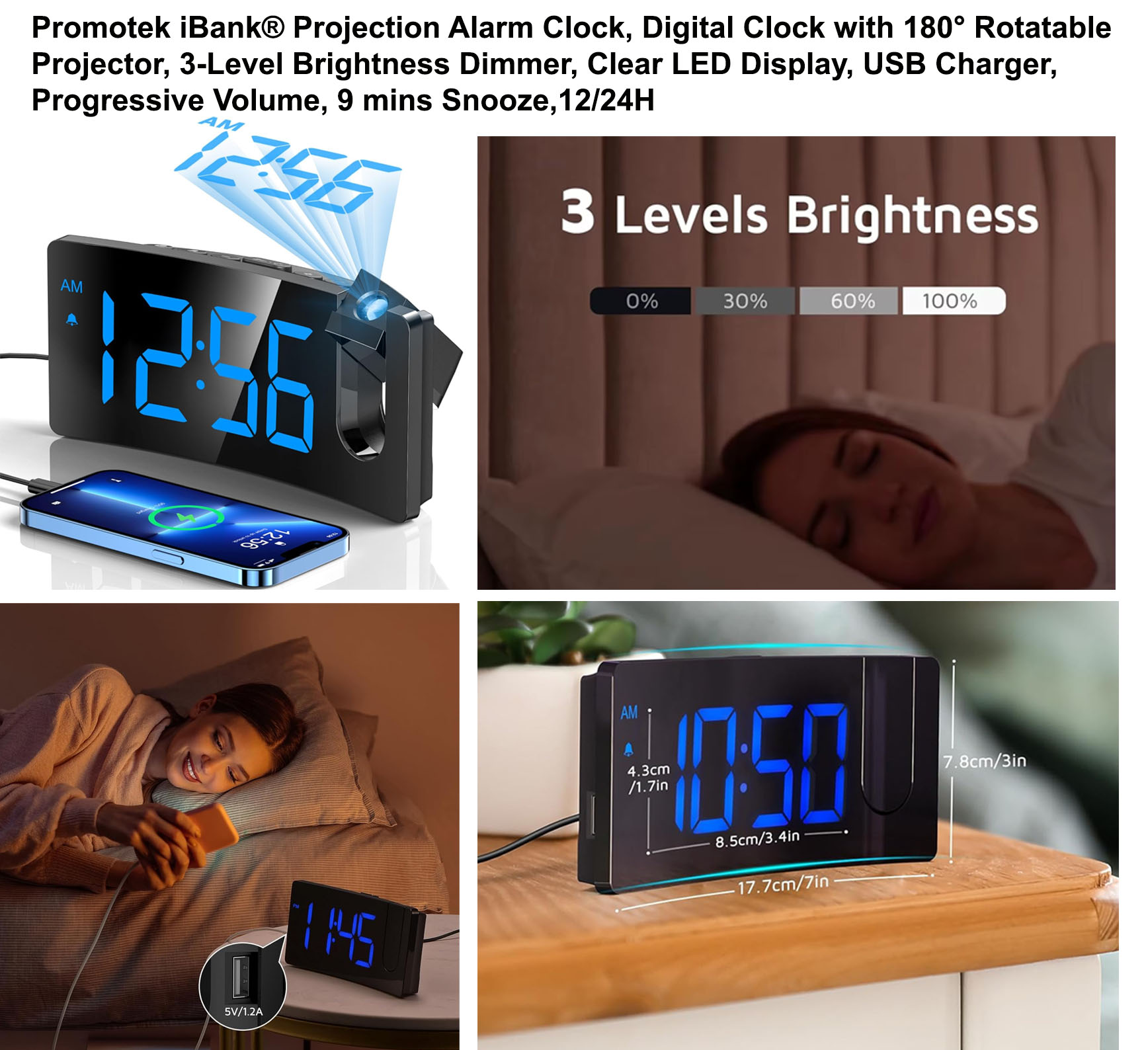 iBank ® Projection Alarm Clock, Digital Clock with 182° Rotatable Projector 1