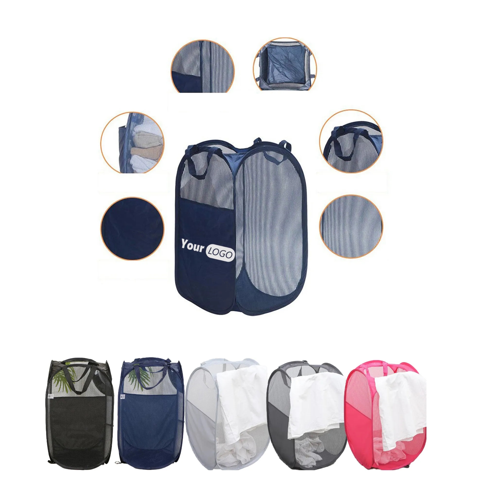Custom Logo Mesh Laundry Hamper Portable Bathroom Basket 3