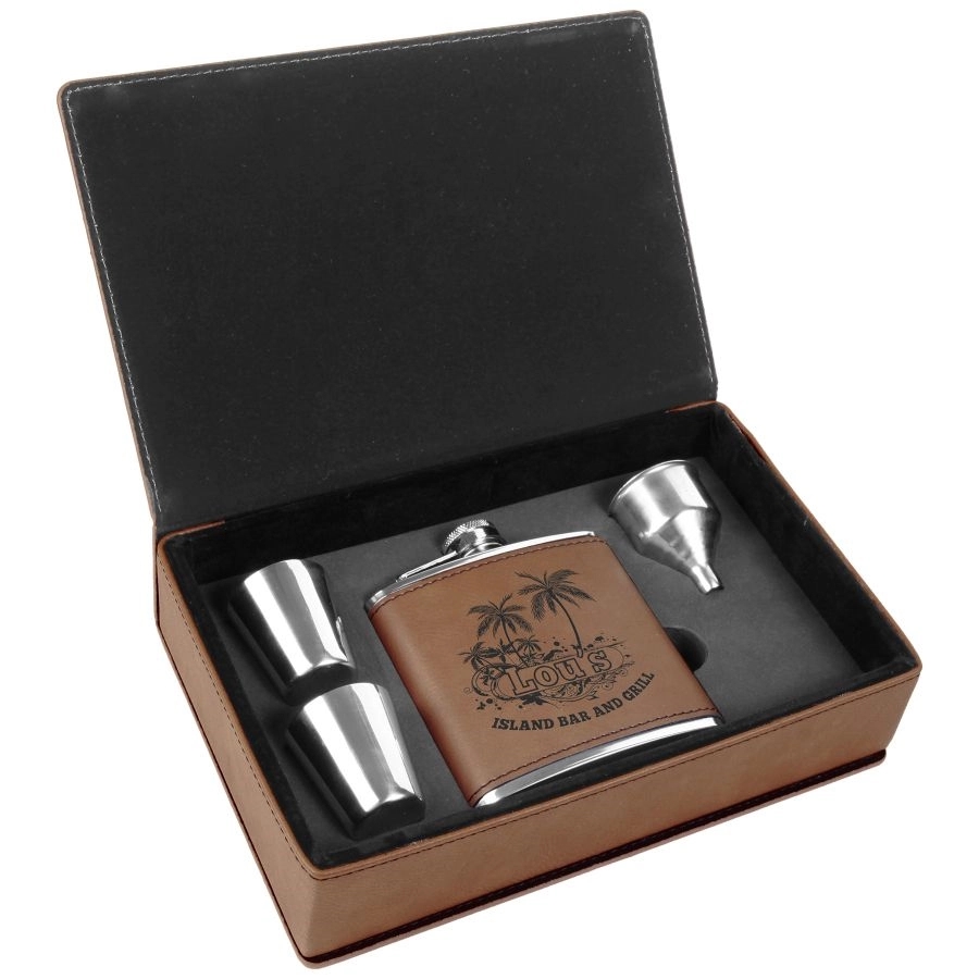 6 Oz. Light Brown Laserable Leatherette Flask Gift Set 1
