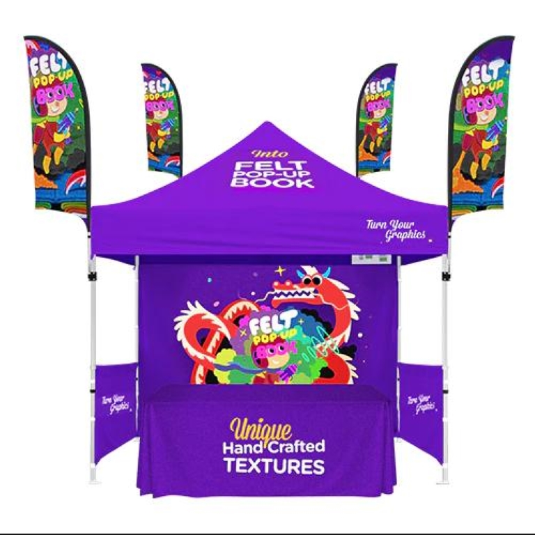 Trade Show Booth PACKAGE6 10' Canopy Tent + 6' Table Throw 3 Side +9' Feather Flag +Back wall Kit