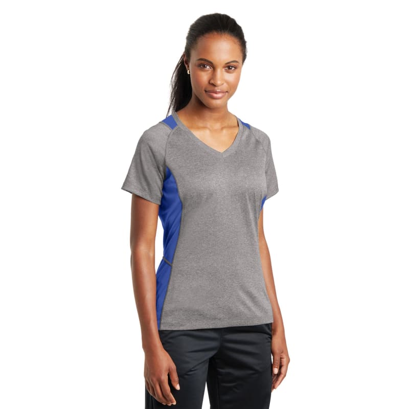 Sport-Tek Women's Heather Colorblock Contender V-Neck Tee. 15