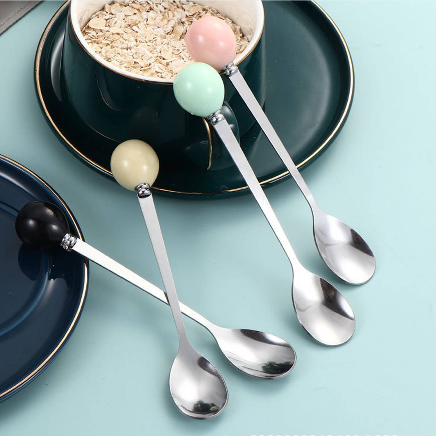 Stainless Steel Tea Coffee Dessert Ceramic Ball Spoon 2