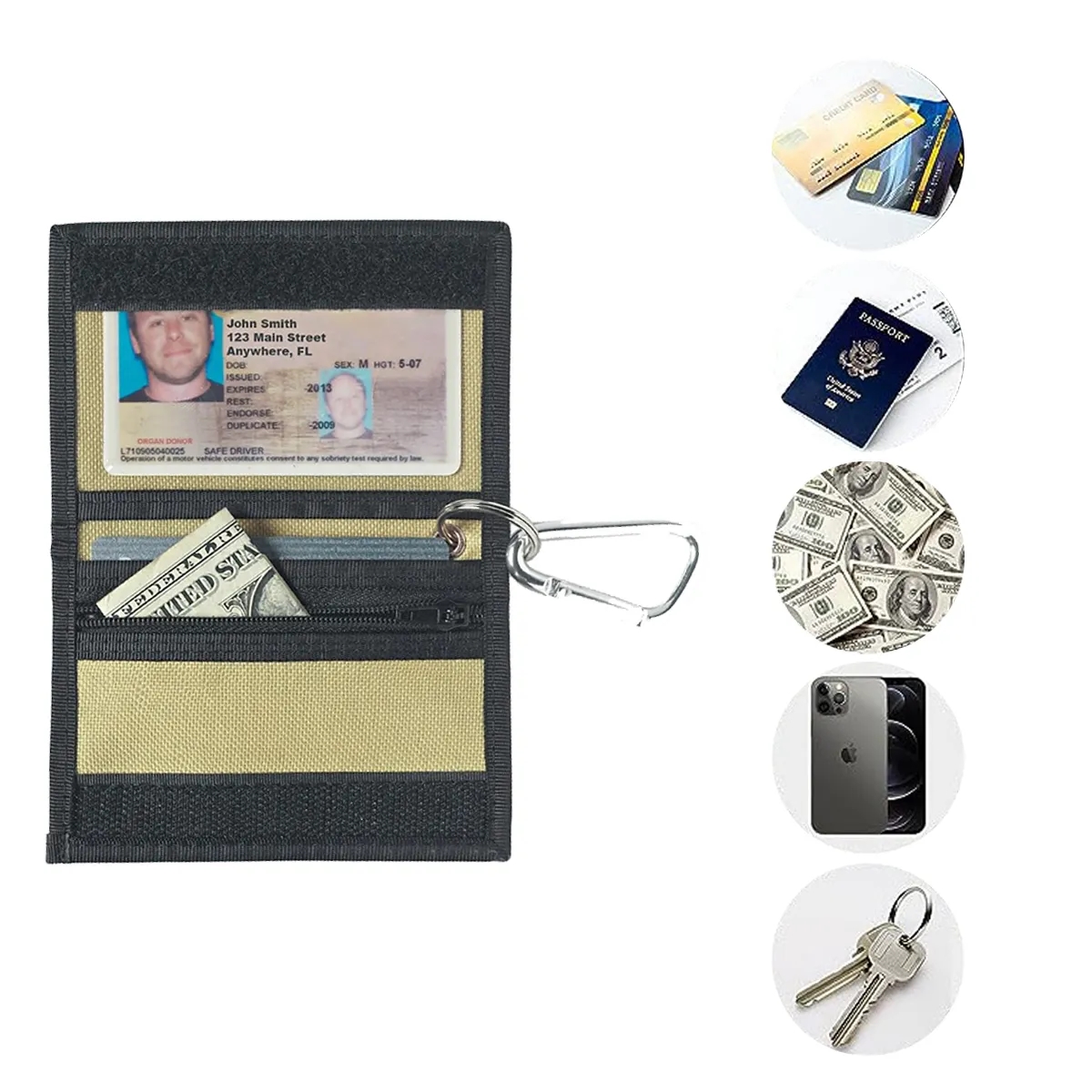 Carabiner Bifold Wallet With ID Window And Zipper 4