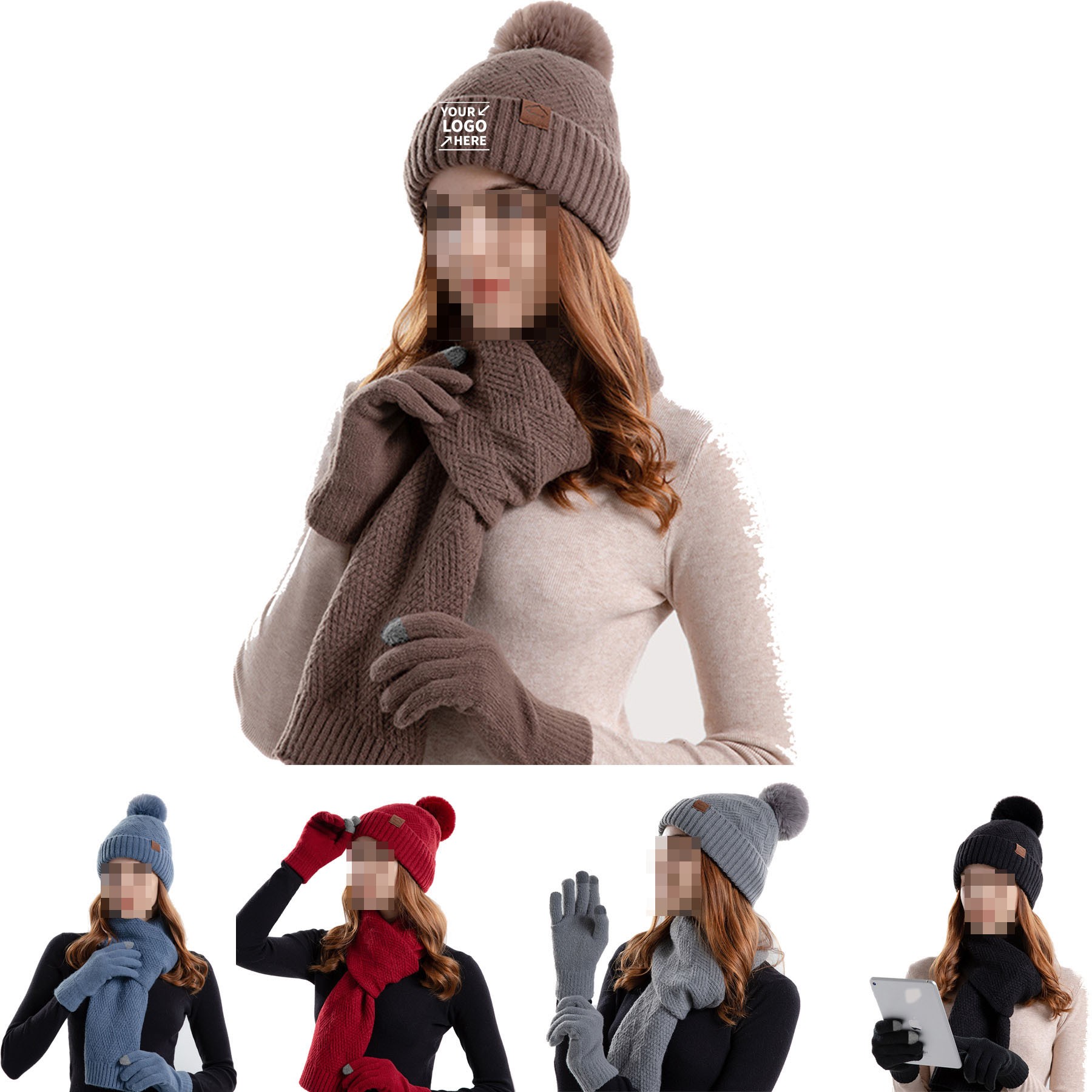 3 In 1 Winter Warm Knit Hat Scarf Gloves Set