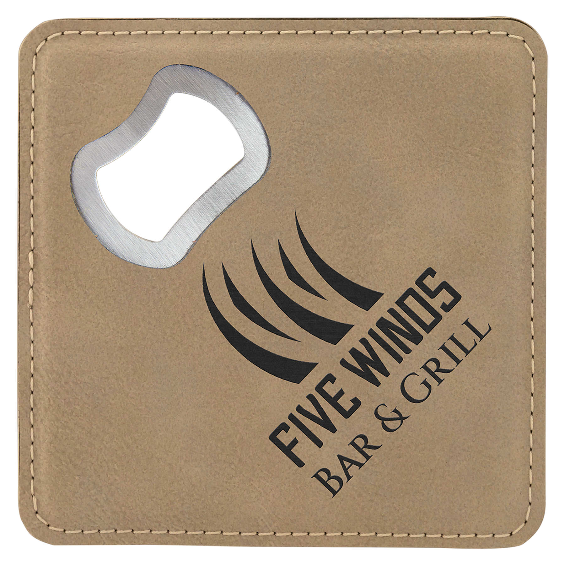 4" x 4" Square Light Brown Leatherette Coaster w/ Bottle Opener
