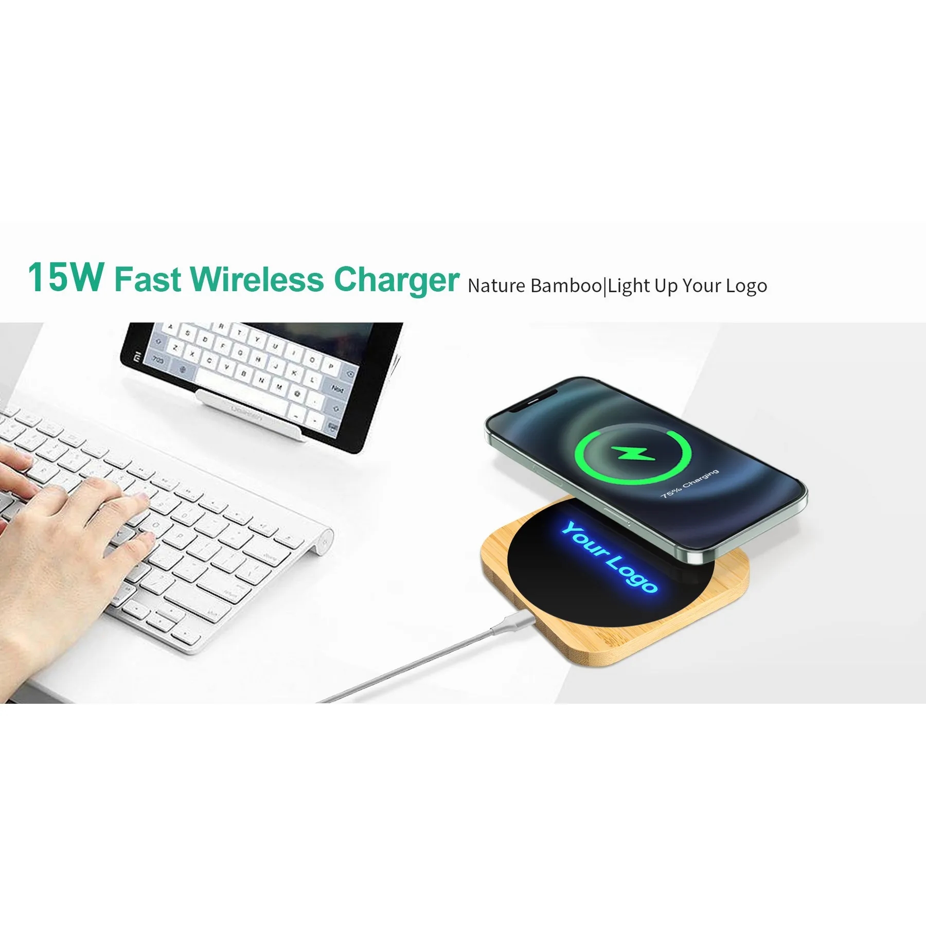 15W Fast Wireless Charger Nature Bamboo Light Up Your Logo 3