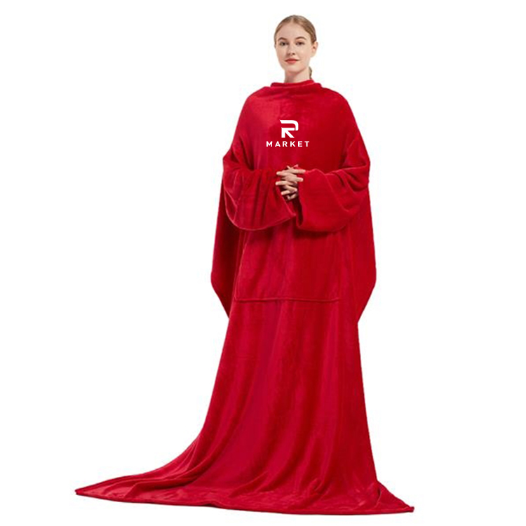 Large Fleece Plush Sleeved Wrap Robe Blanket functional wearable blanket with sleeves 3