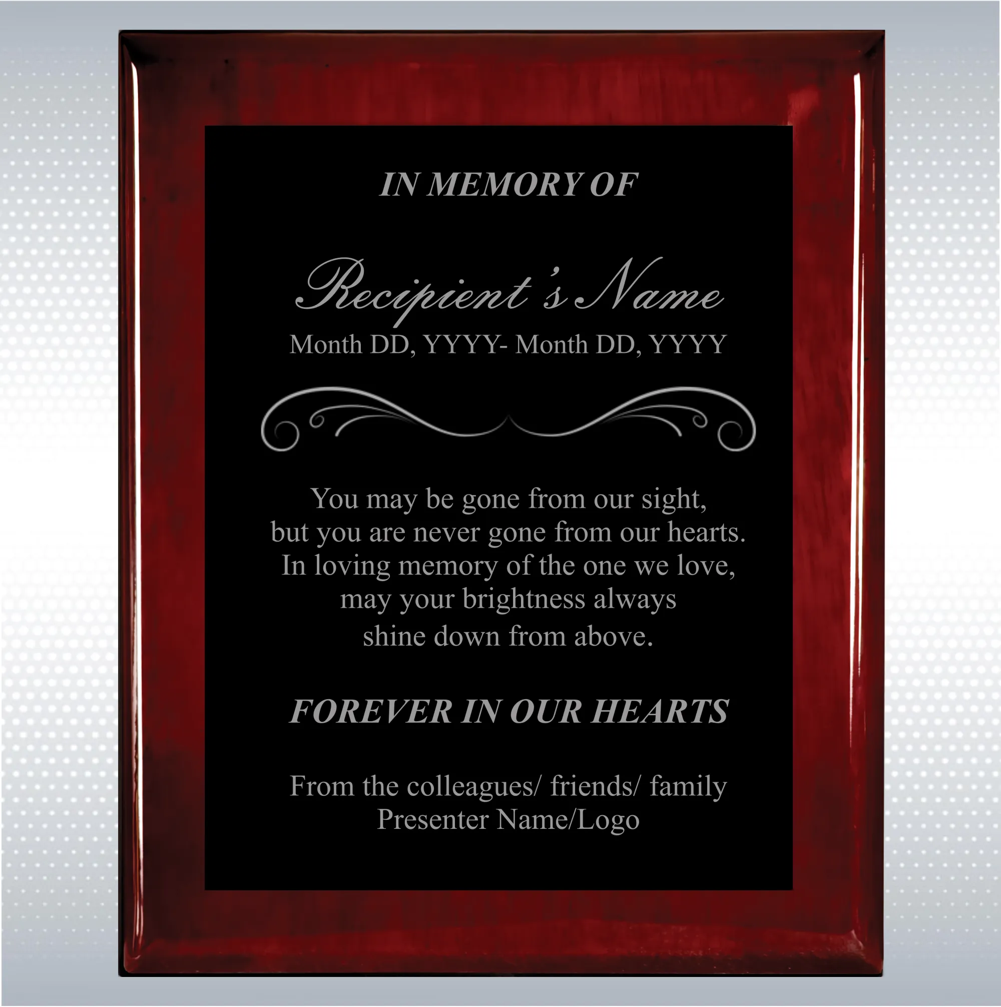 Rosewood Piano Finish Wood Personalized Memorial Plaque Gift 5