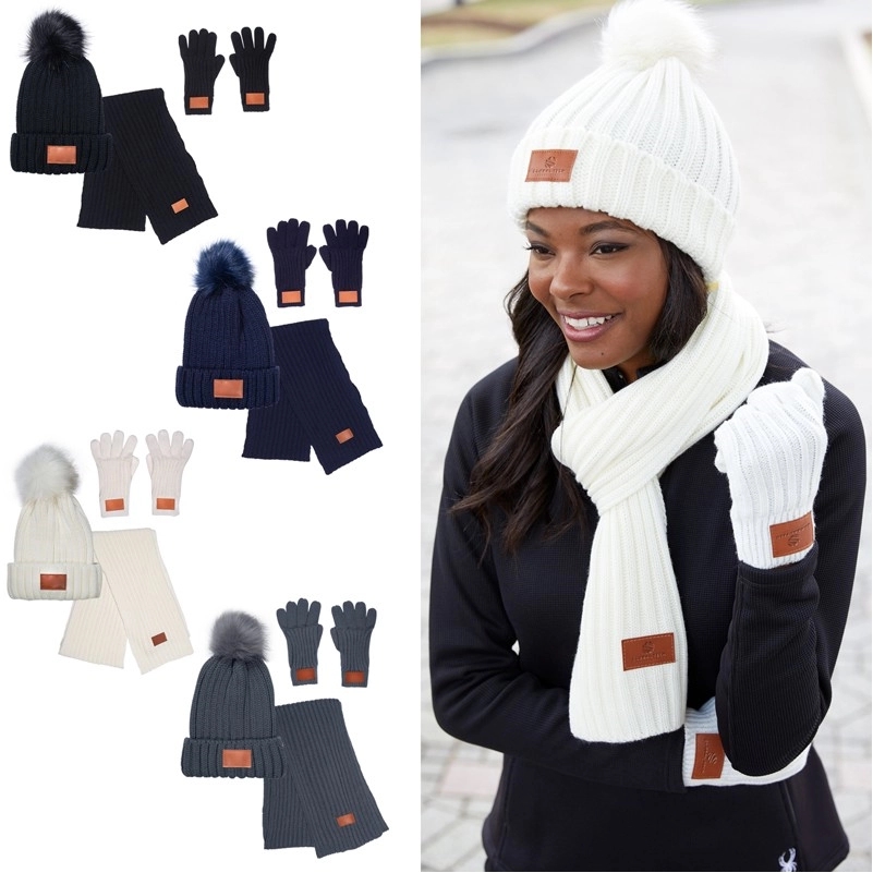 3 Pc. Rib Knit Fur Pom Winter Set 2