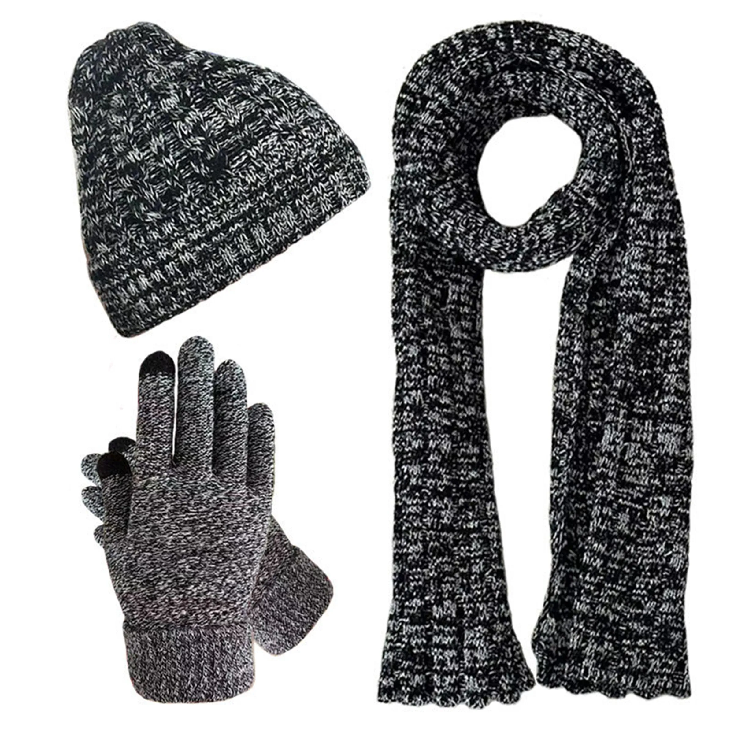 Winter Knit Hat Beanie Long Scarf Touchscreen Gloves Set 4