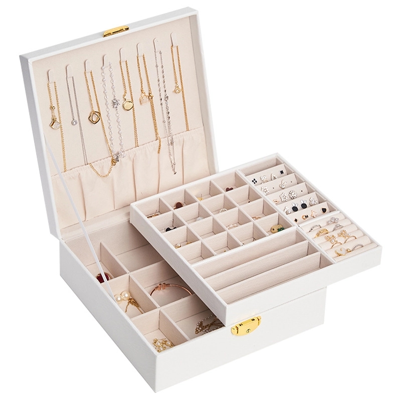 Custom PU Leather 2-Layer Jewelry Organizer Box with Lock 6