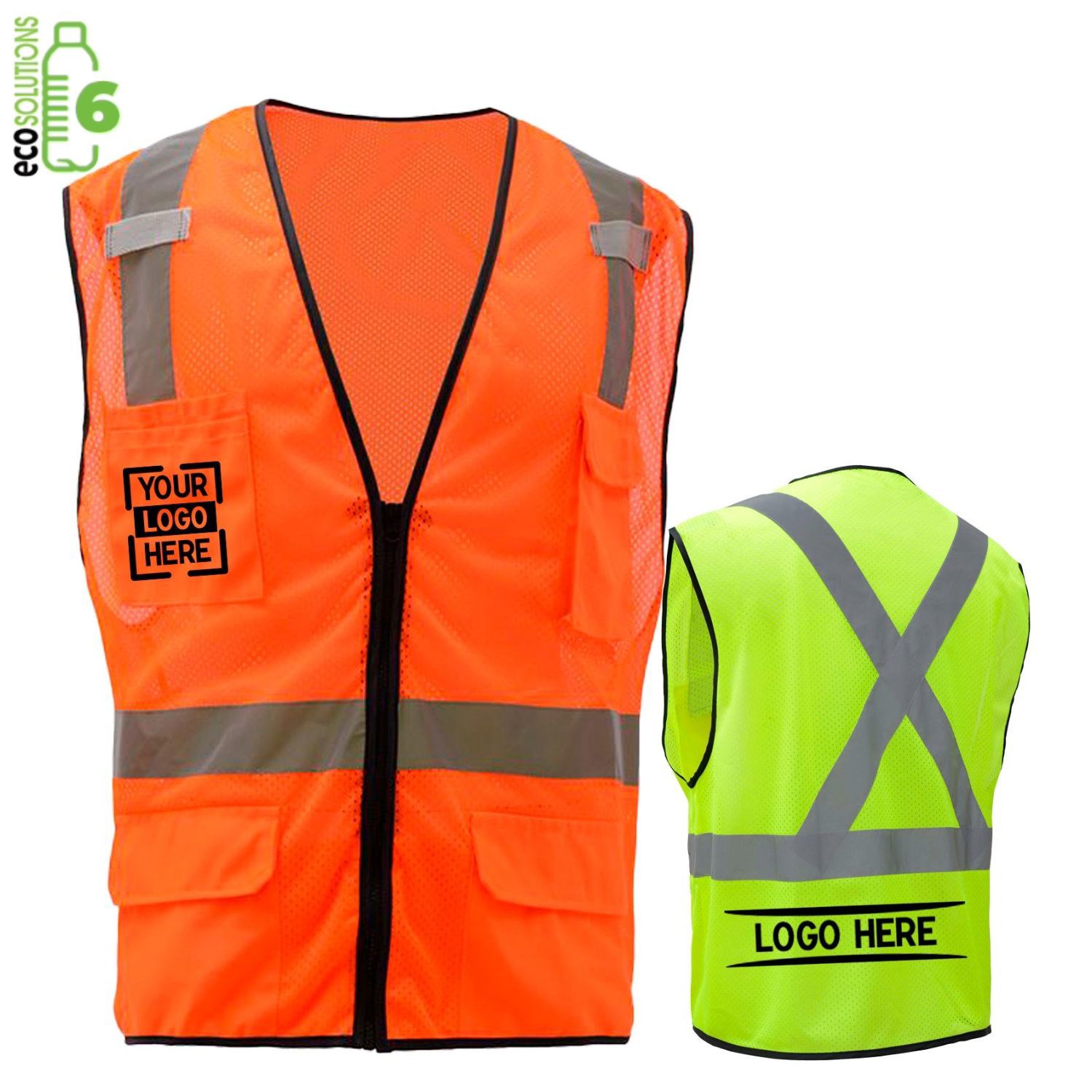 Class 2 rPET Dual Mic Tabs Safety Zipper Vest w/ Reflective X Back & 6 Pockets 3
