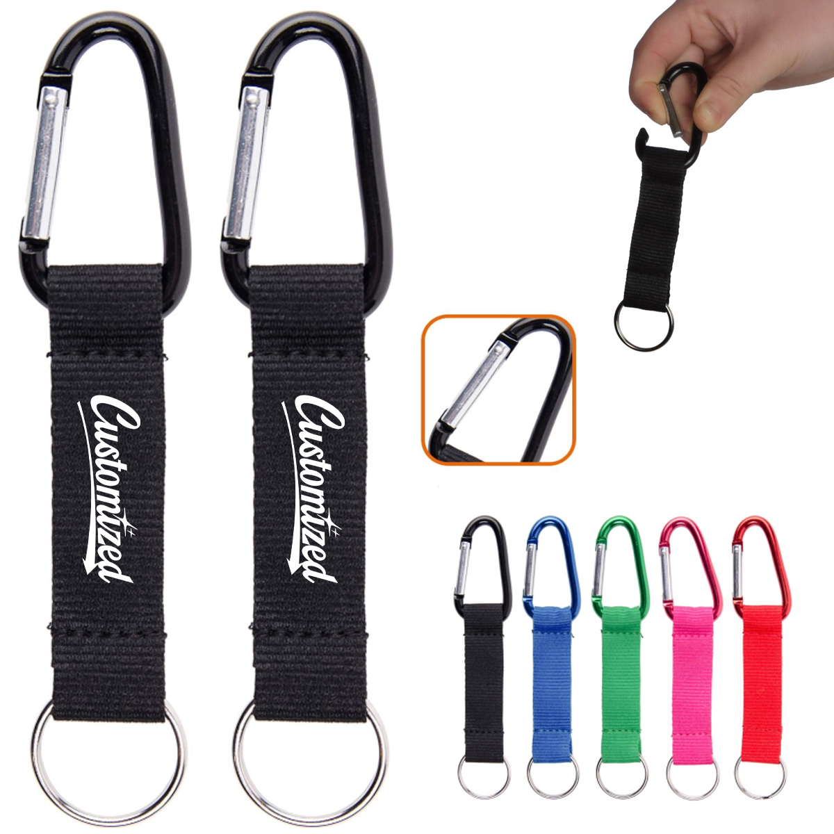 Custom Carabiner Keychain with Nylon Strap and Split Ring 7