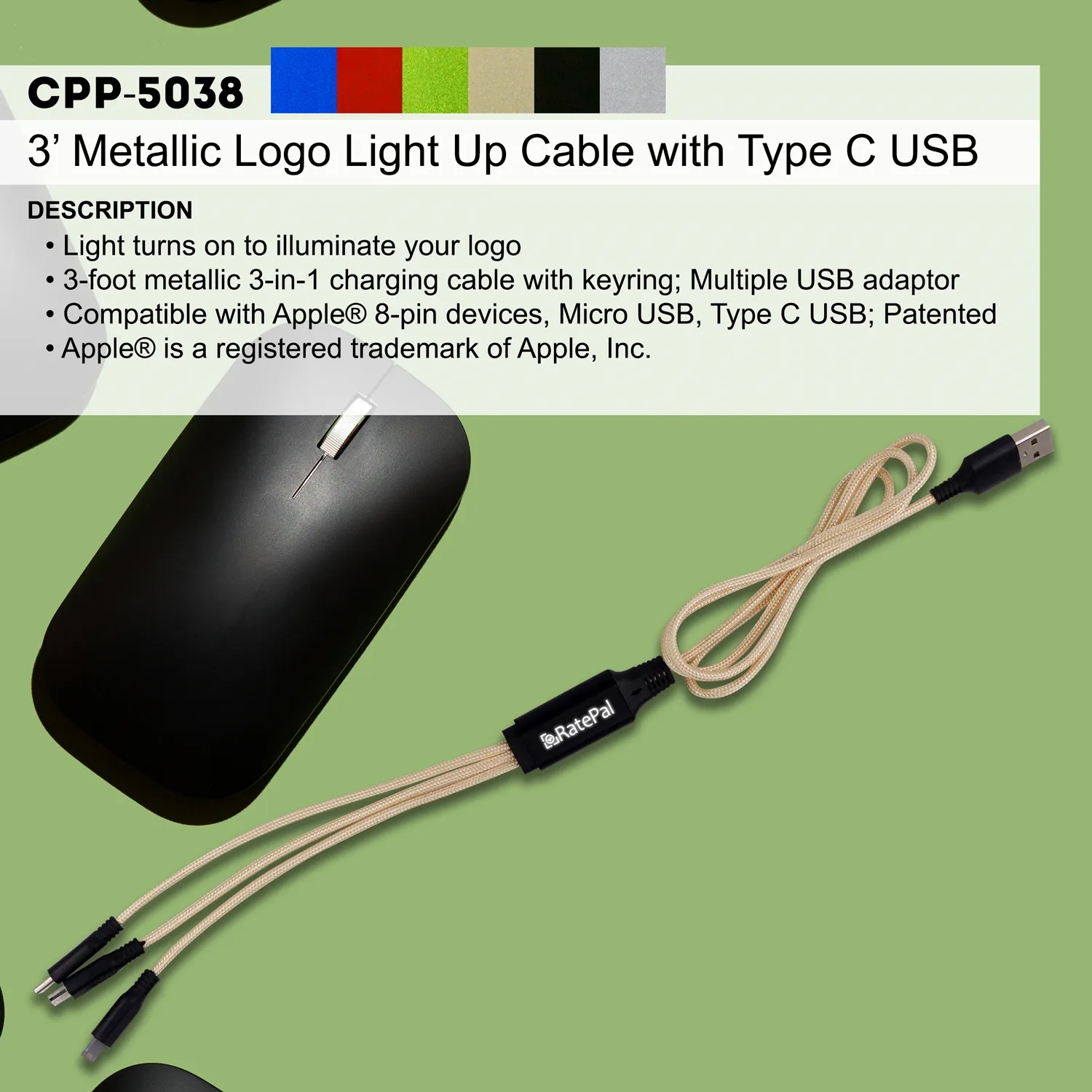 3' METALLIC LOGO LIGHT UP CABLE WITH TYPE C USB 7