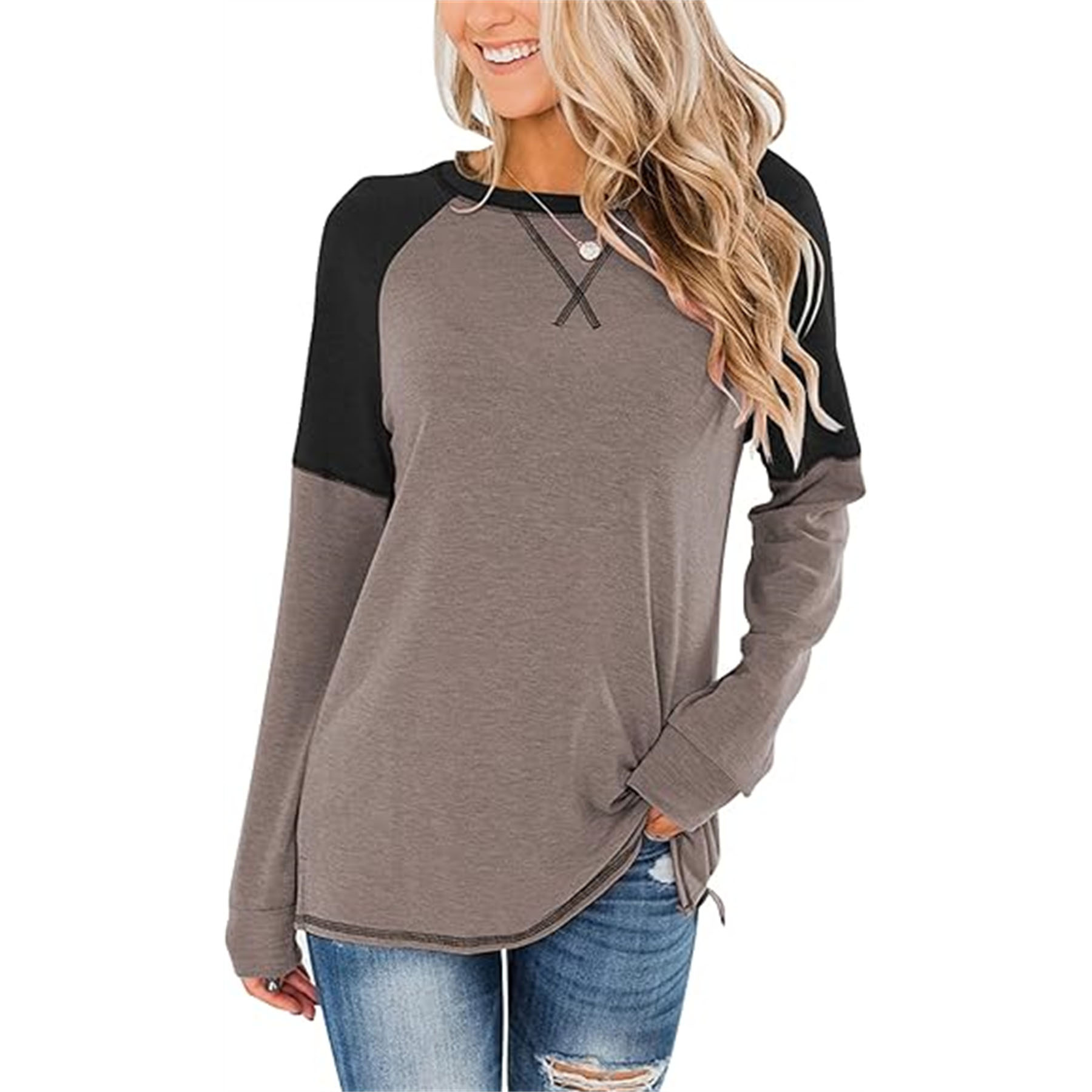 Women's Crew Neck Color Block Blouse 21