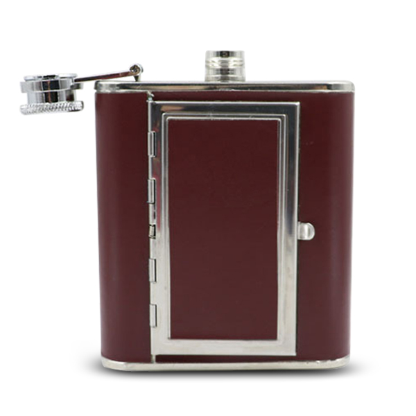 Leather Cover SS with Cigarette Case Hip Flask 5oz 7